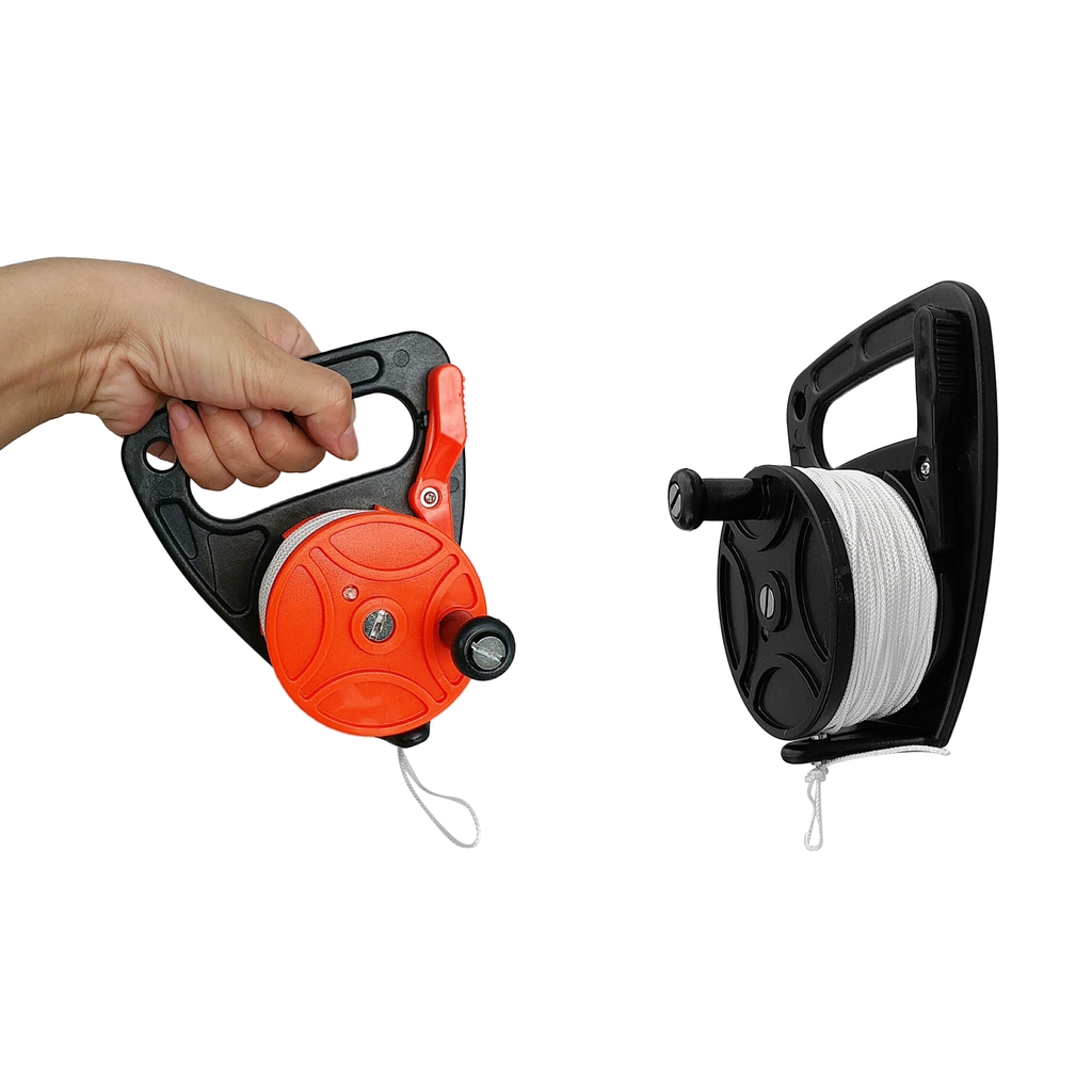 Heavy Duty Orange Plastic Scuba Diving Multi Purpose Wreck Cave Dive Reel with Handle and 150ft Nylon Line, Thumb Stopper