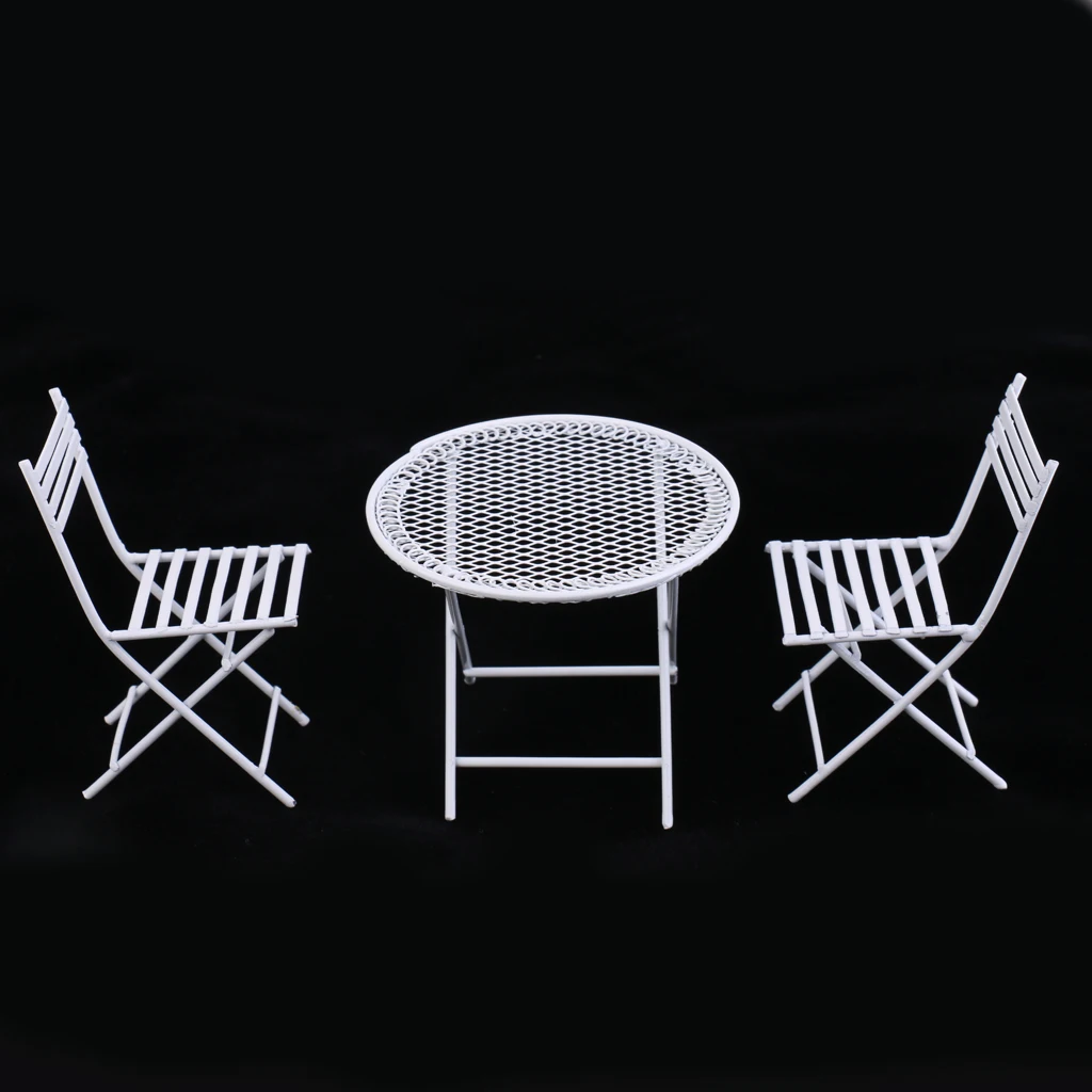 1:12 Dolls House Miniature Furniture White Metal Round Table With 2 Chairs