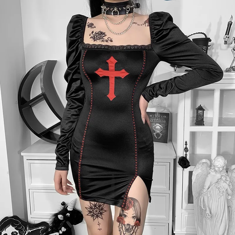 Punk Vintage Gothic Cross Black Dress Sexy Women Split Hight Waist Puff Sleeve Skinny Mini Dress E-girl Mall Grunge Clothes