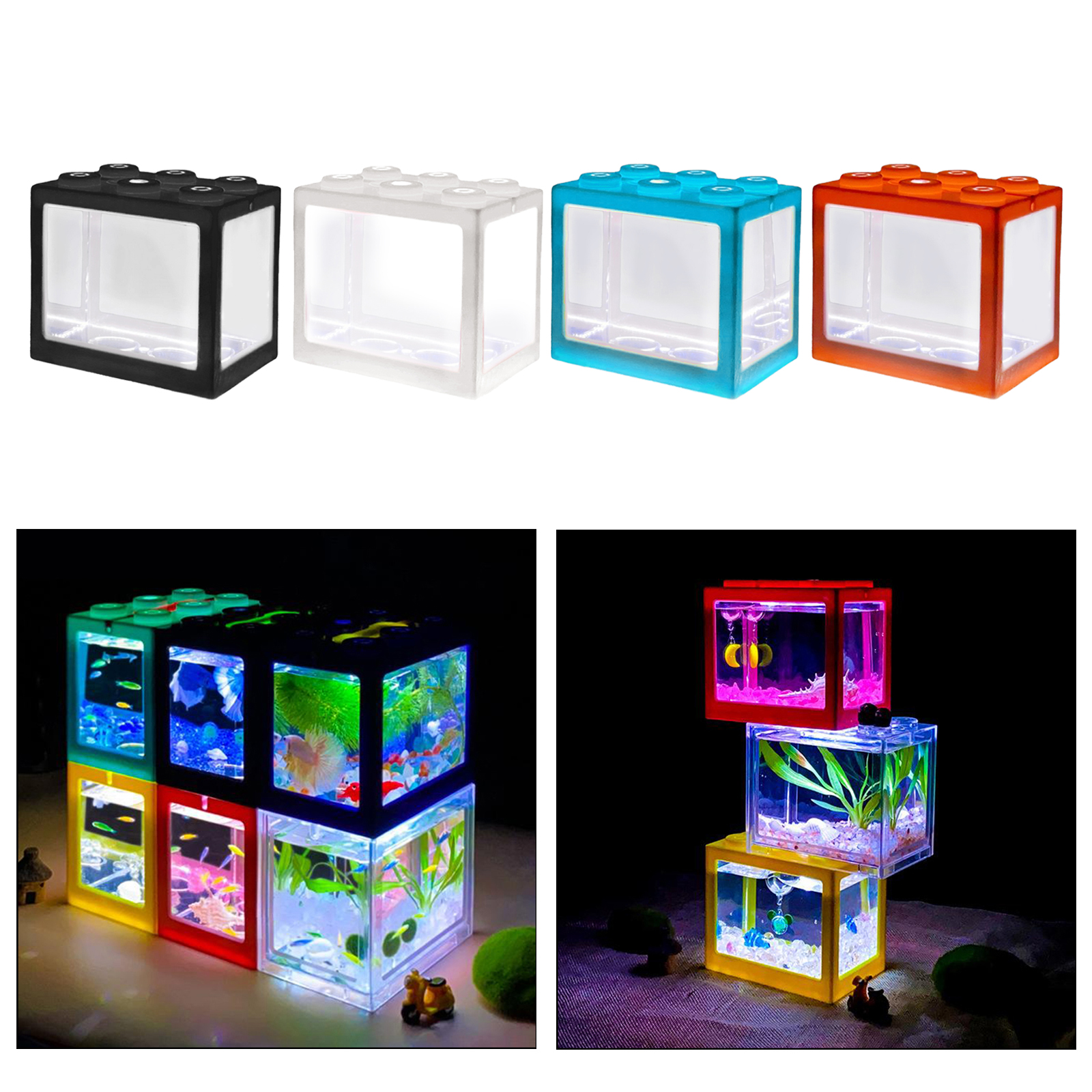 Mini Fish Tanks Betta Fish Tank Aquarium Tank Building Block Fish Bowl Office Table Decoration Home Decor LED Light Feeding Box