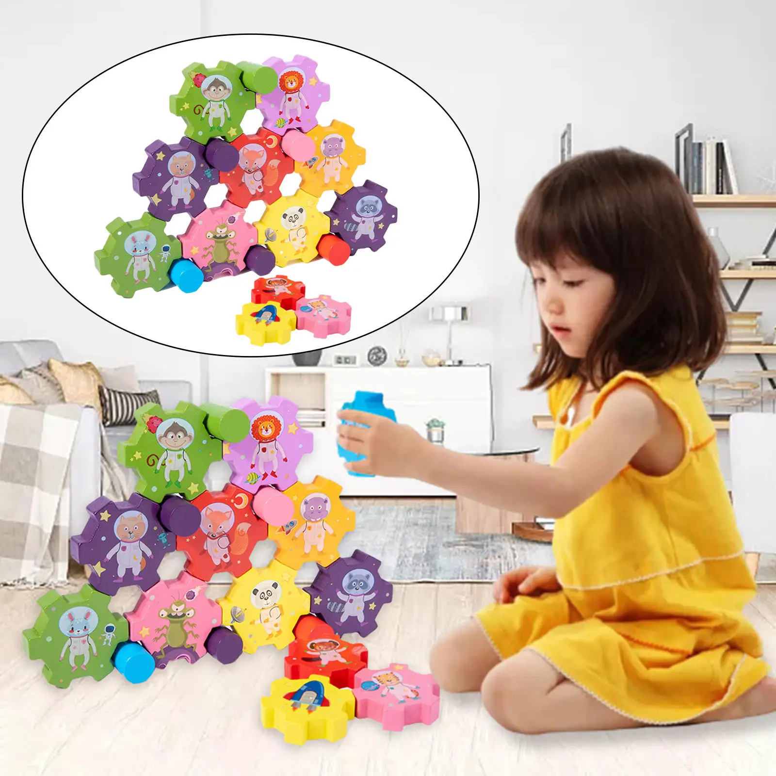 Wooden Gear Stacking Blocks Learning Toys Animal Balance Puzzle Brain Development Stacking Building Blocks Toys for Toddler