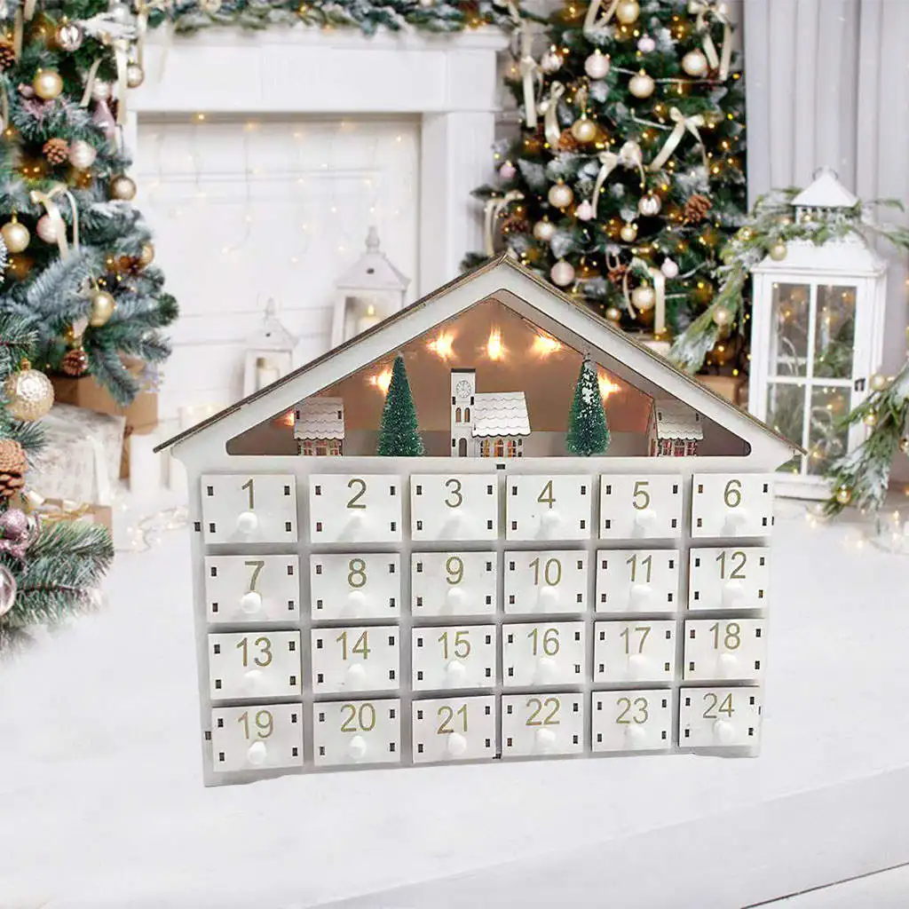 Christmas Wooden Advent Calendar 24 Storage Drawers LED Lights for Ornaments