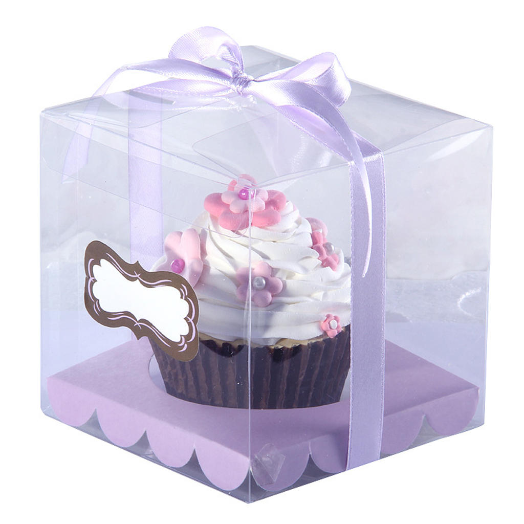 MagiDeal 12x Clear Plastic Cube Cupcake Boxes Mini Cake Container with ribbon