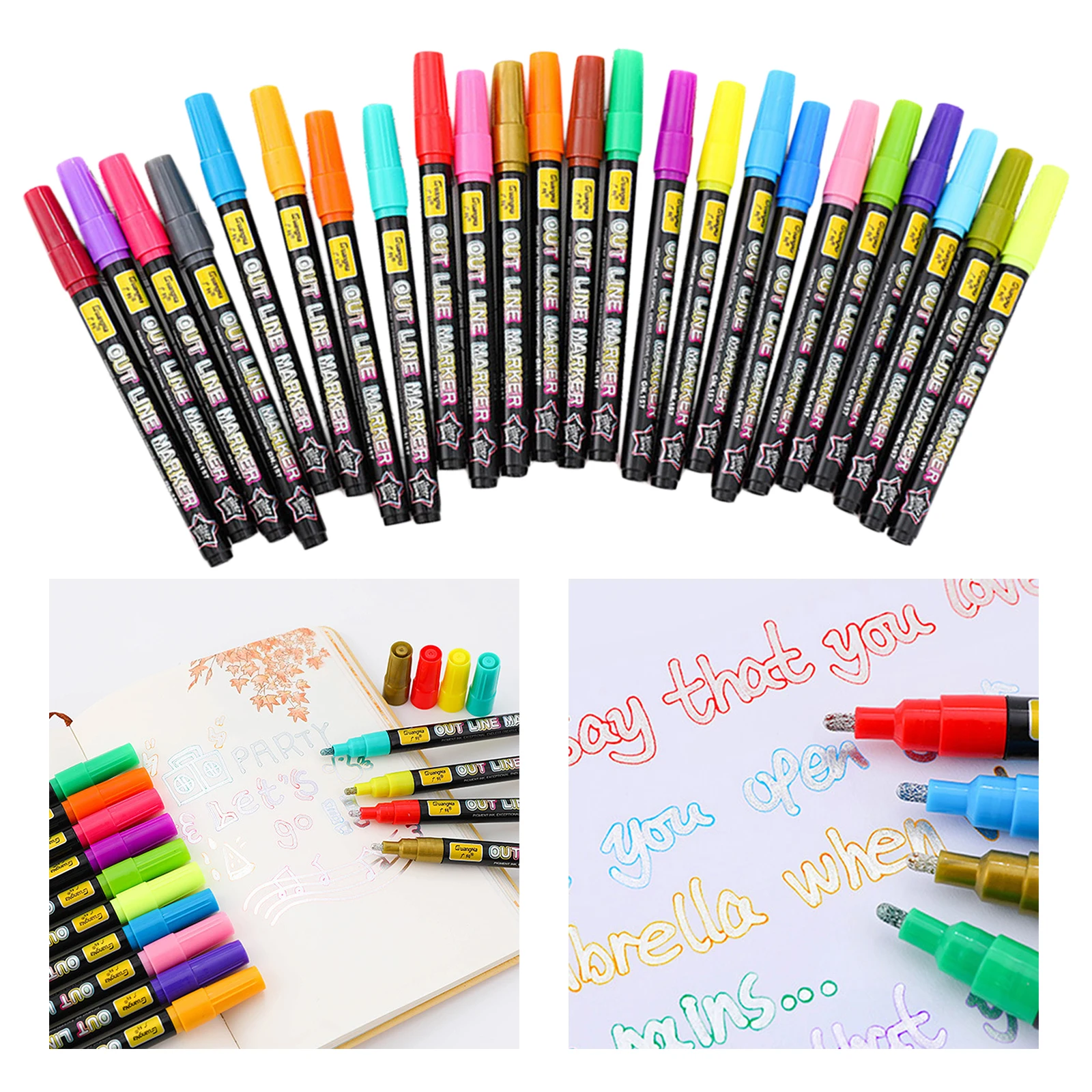 24pcs Metallic Pen Double Line Pen Set Metallic Color Highlighter Marker Pen Doubledraw Outline Marker