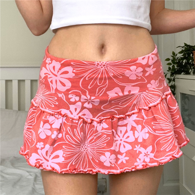 Women's A-Line Mini Skirt 90S High Waist Floral Print Frill Trim Above Knee Short Skirt Y2k Style Skirts Streetwear