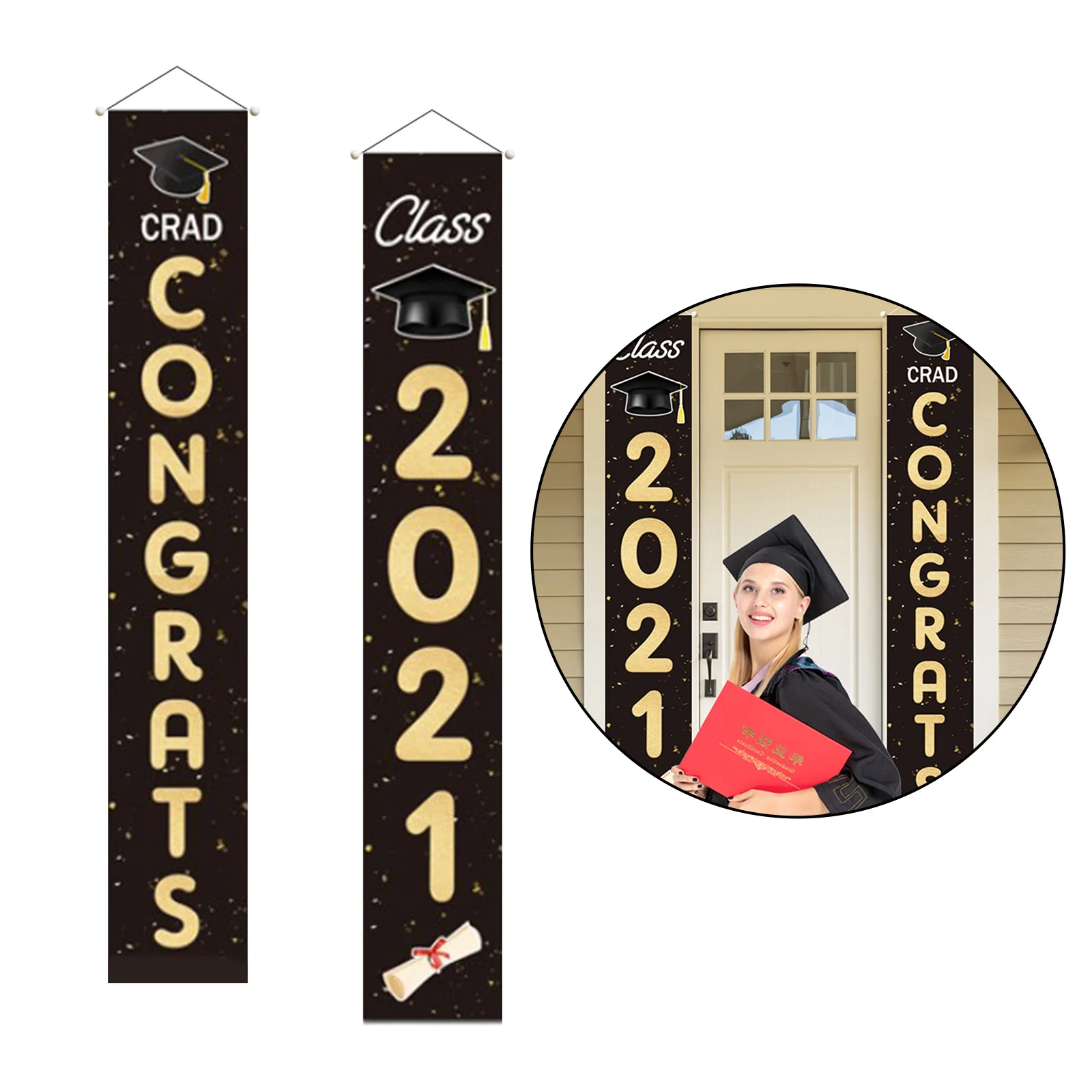 2021 Graduation Decorations Hanging Flags Porch Sign, Graduation Party Decoration for Indoor/Outdoor Home Door Decor
