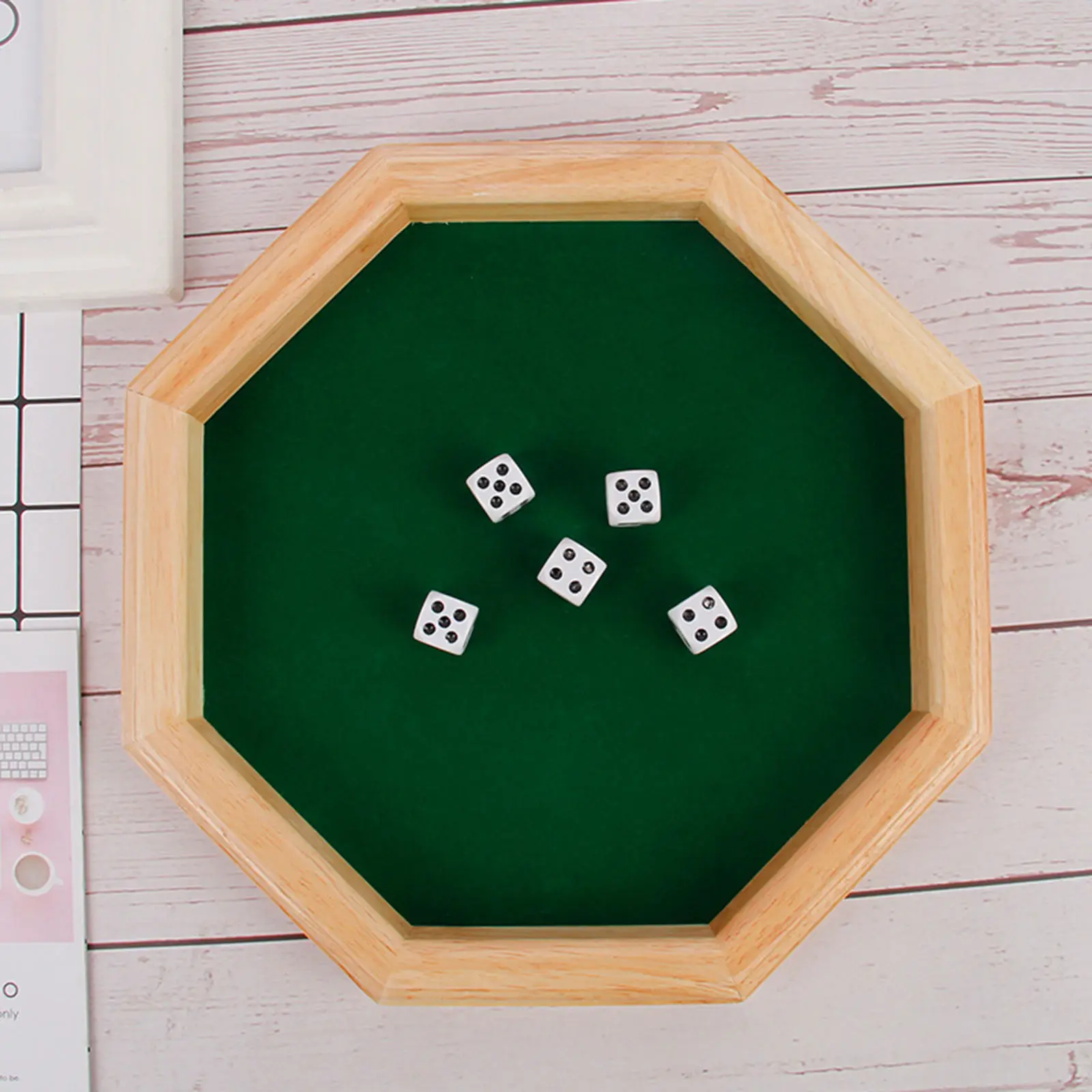 Wooden Octagonal Dice Tray Board Game with 5 Dice Felt Lined Rolling Surface for Tabletop RPGs Dice Games Green