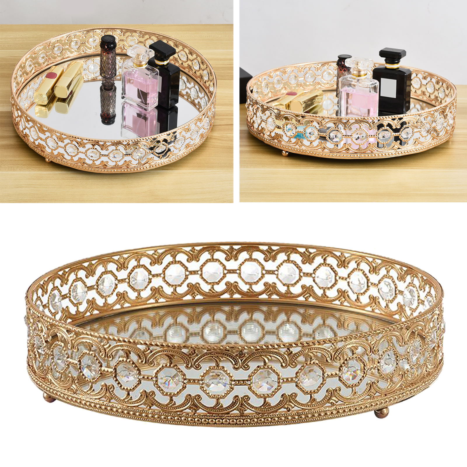 Crystal Cosmetic Mirrored Makeup Tray Perfume Trinket Cake Display Dresser Home Decor