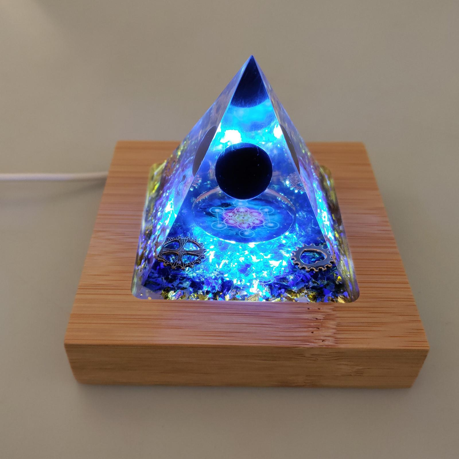 Orgone Pyramid Obsidian Sphere Blue Crystal with Light Wooden Base Hand Crafted Eco Friendly Dimensions 6x6x6cm
