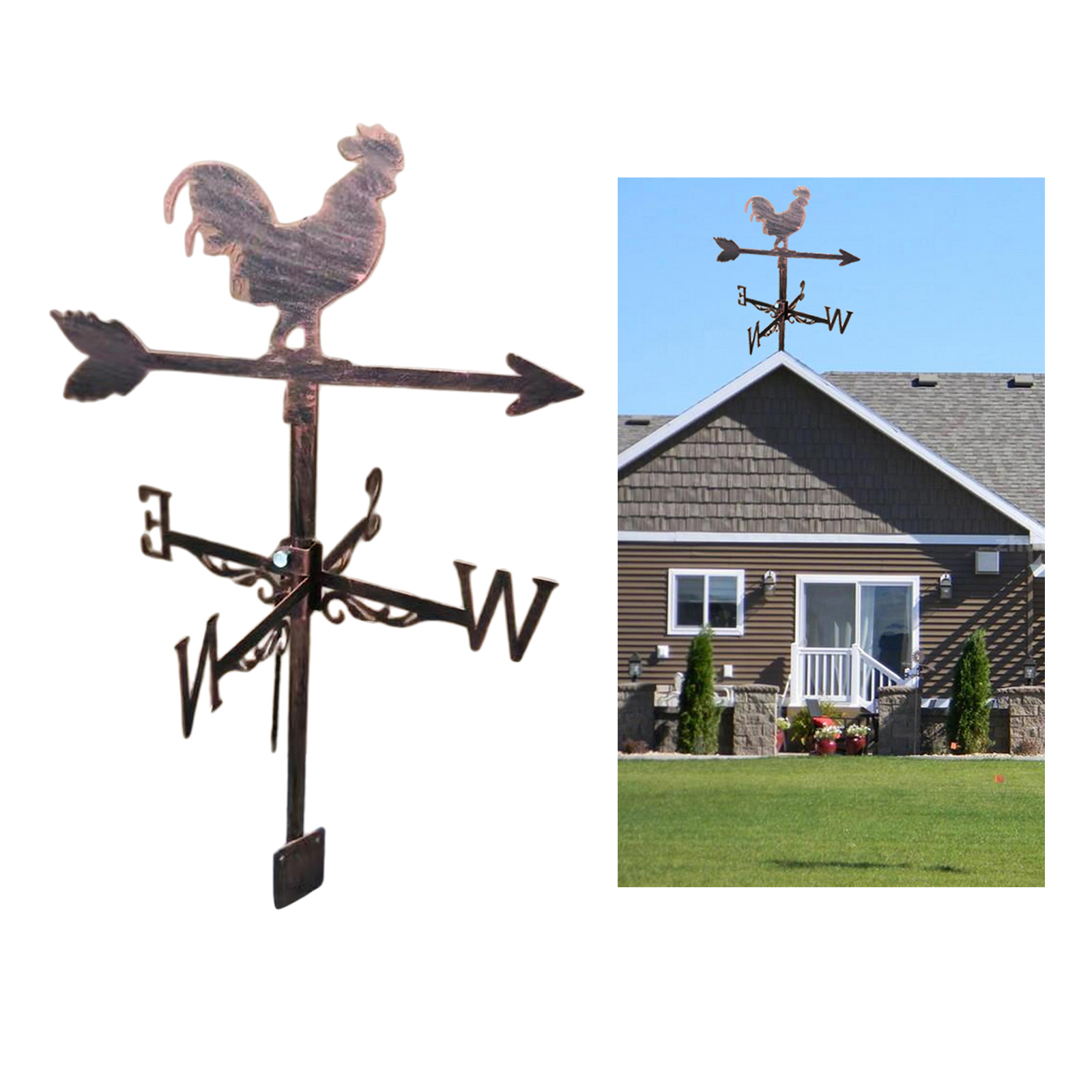 Farmhouse Rooster Weather Vane Roof Mount Rod, Wind Direction Indicator Outdoor Metal Bracket Weather Vane