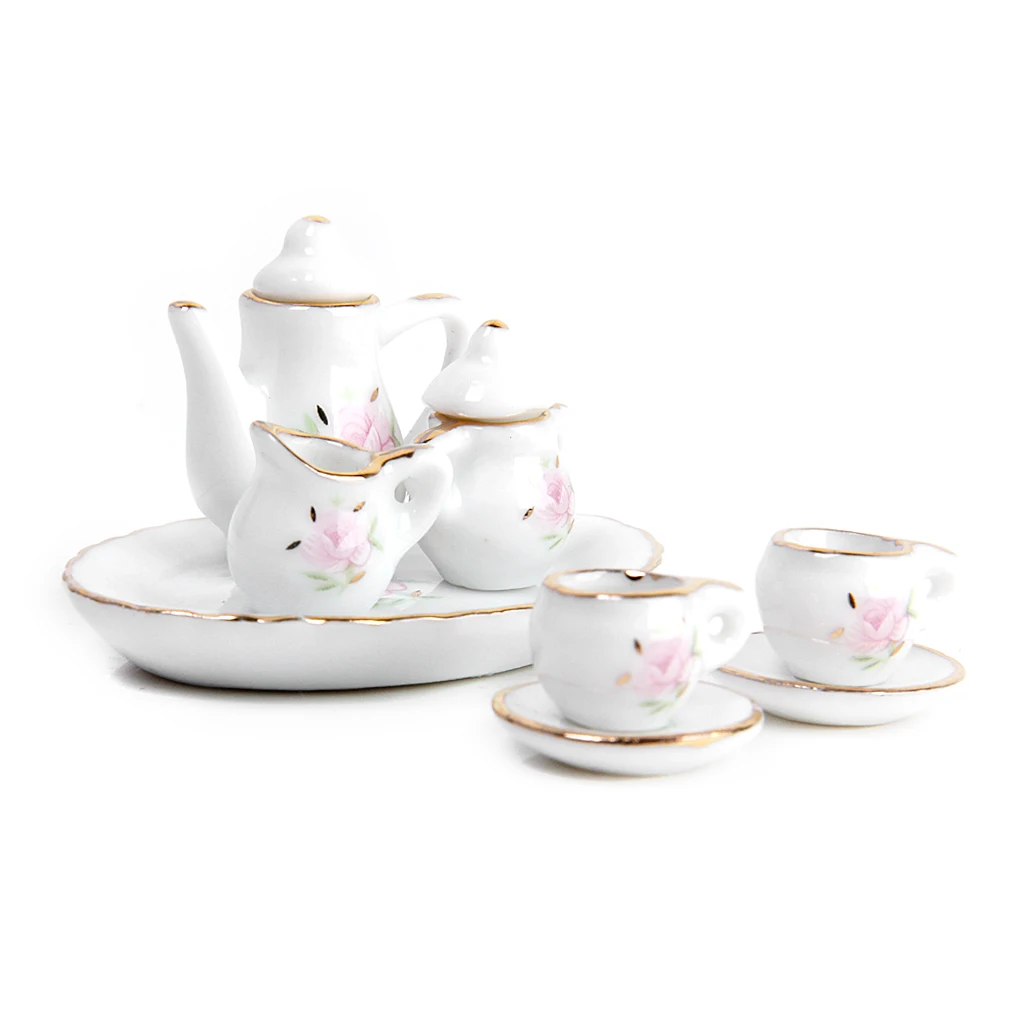8pcs Dollhouse Miniature Dining Room Accs Porcelain Tea Set Dish Cup Floral