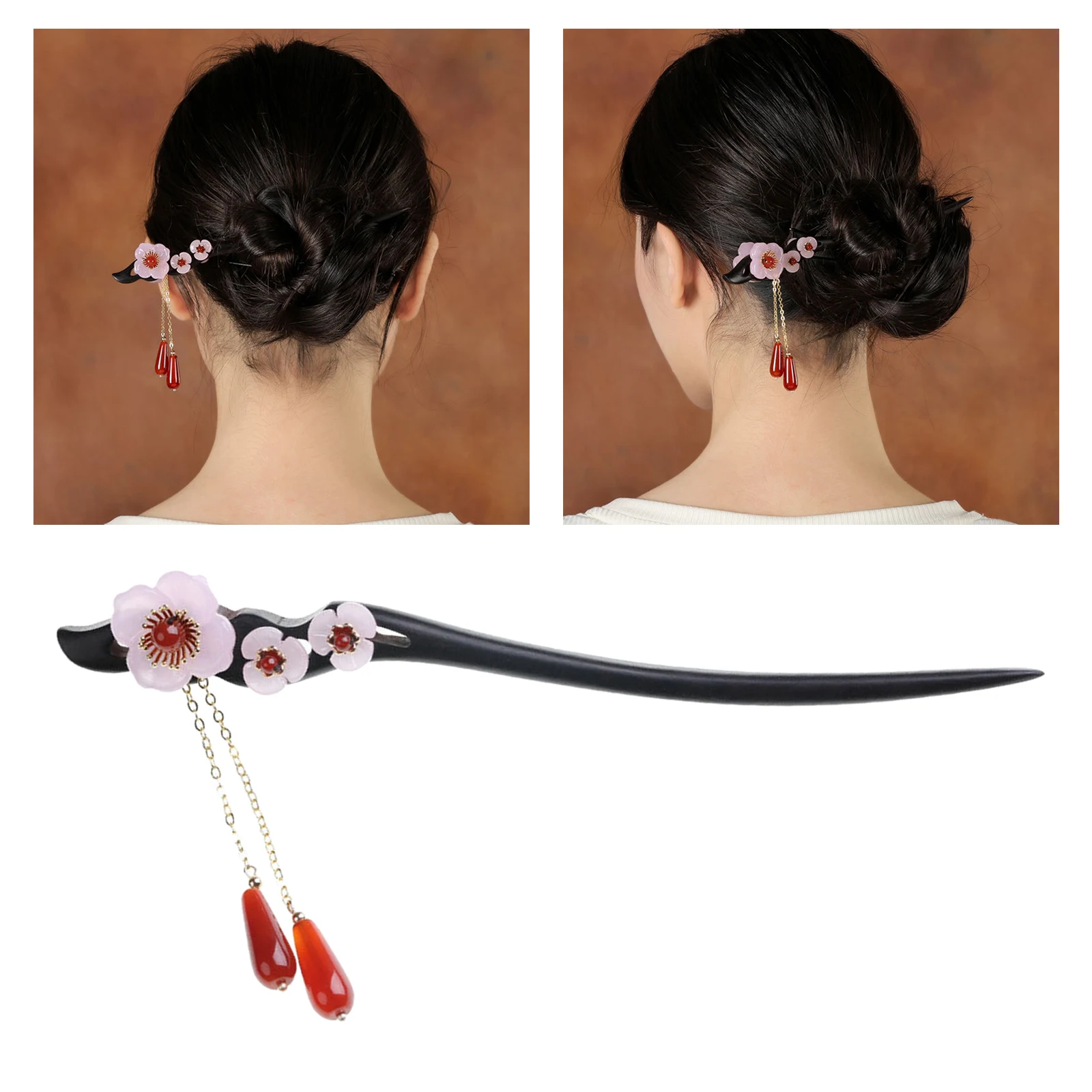 Chinese Style Hair Sticks Wooden Hair Pin Flower Tassel Hair Styling Tool
