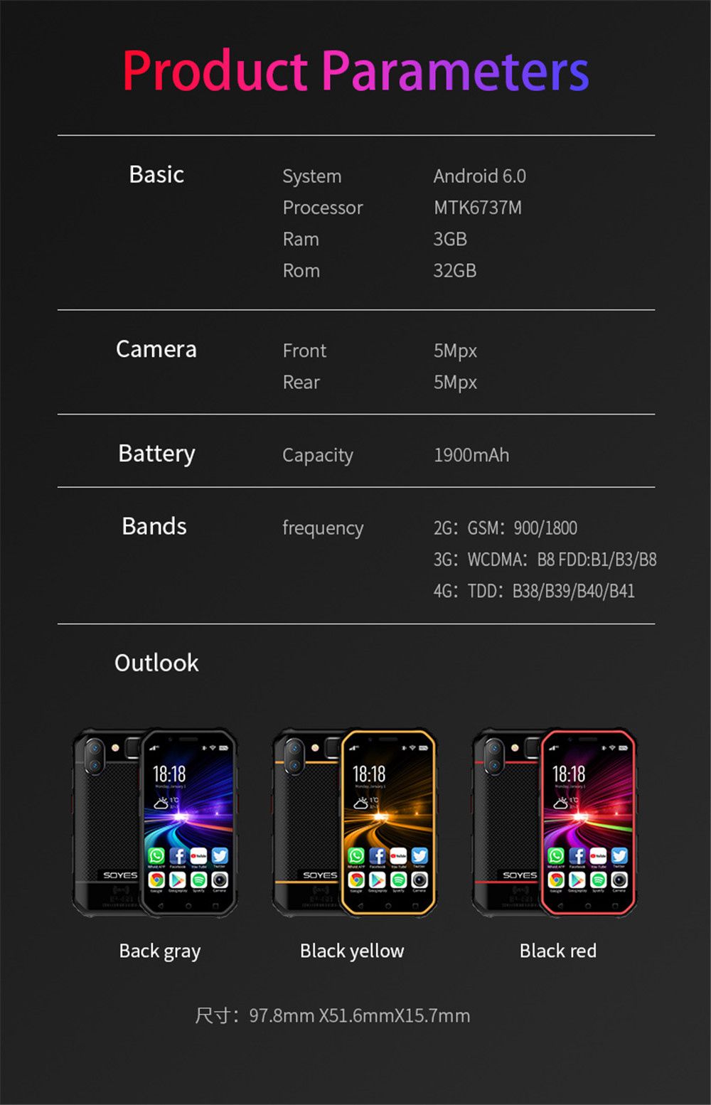 H593dec0ed24a4e17a7f5cdeb61117c6ev - SOYES S10 3GB RAM 64GB ROM Mini Smartphone 3.0 Inch 1900mAh 4G LTE Android 6.0 MTK6737 GPS Fingerprint Face ID Rugged Phone