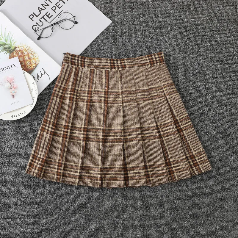 Fall/Winter Women Pleated Skirts High Waist A-Line Female Plaid Skirt Woolen Warm Woman Skirts Harajuku Kawaii Ladies Mini Skirt ruffle skirt