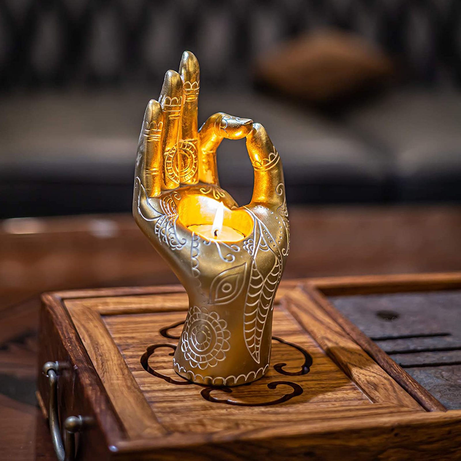 Buddha Zen Meditation Candle Holder Mudra Hand Tabletop Tealight Decor Figurines Hand Ornament Yoga Studio Office Decoration