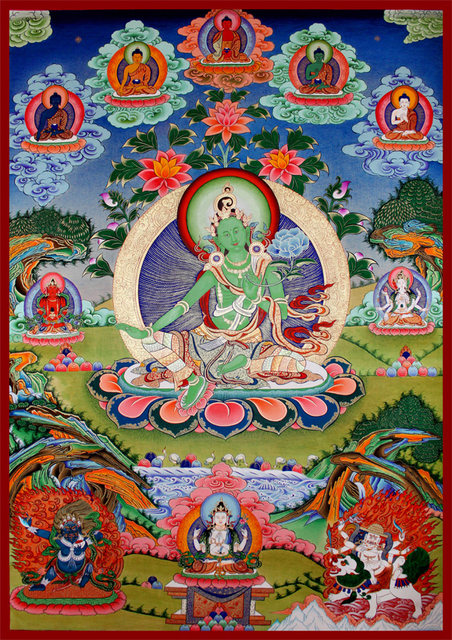 Thangka Tibétain 100 Tara Verte - Dorure Et Brocart - Décoration Murale Zen - Méditation Et Spiritualité - 4 Tailles Disponibles