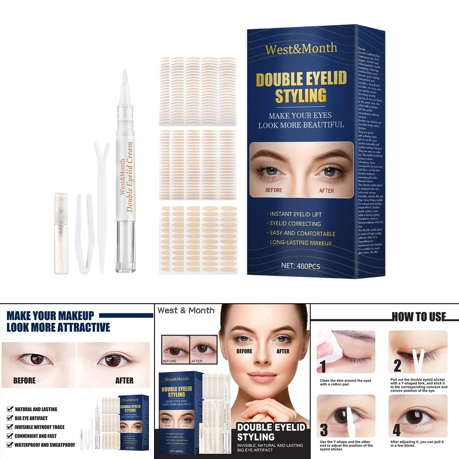 480x Invisible Double Eyelid Tape Self-Adhesive Sticky Breathable Big Eye Lace Eye Lid Lift Strips for Hooded Uneven Droopy
