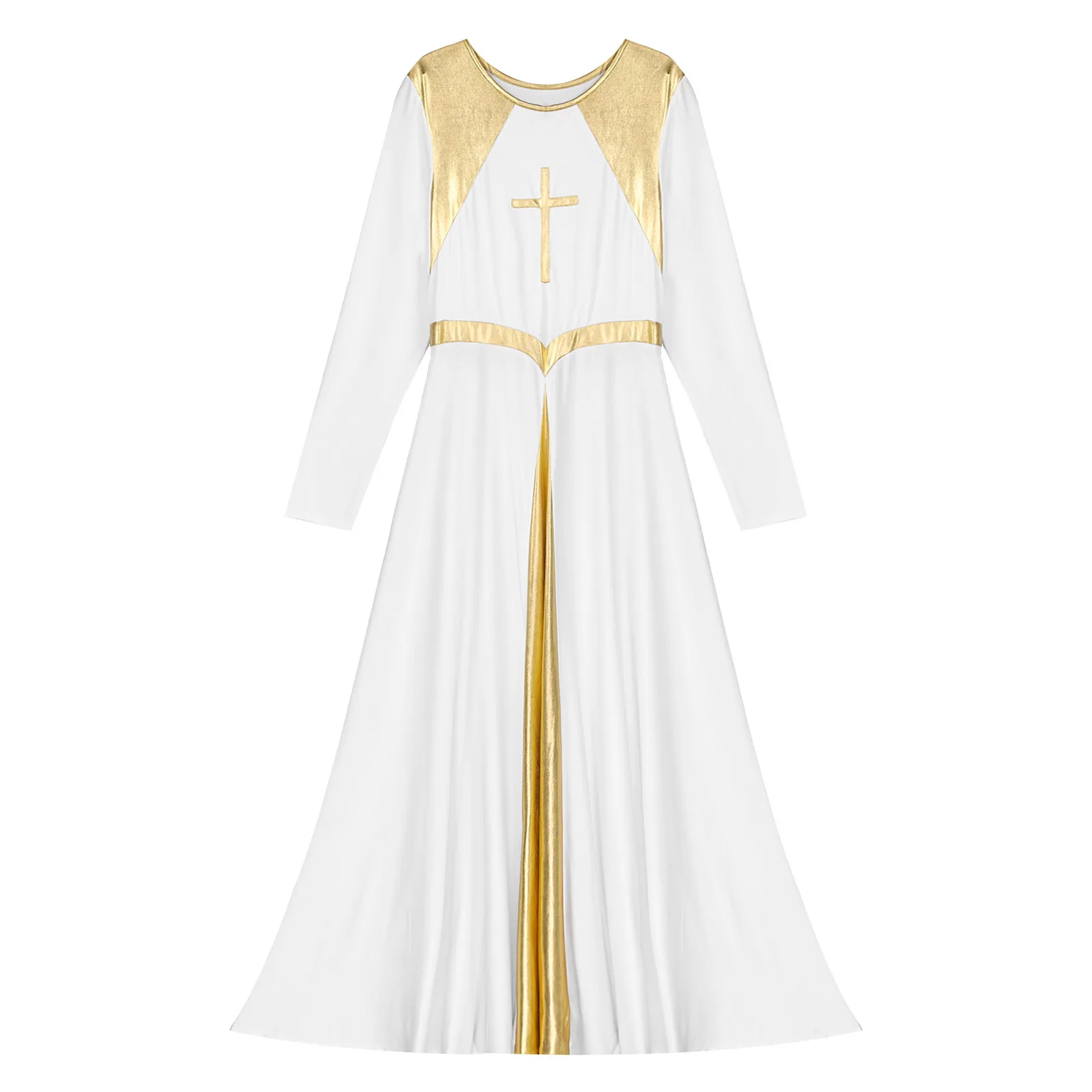 Women Metallic Cross Liturgical Praise Dance Dress Lyrical Dancewear Color Block Full Length Robe Worship Costume 