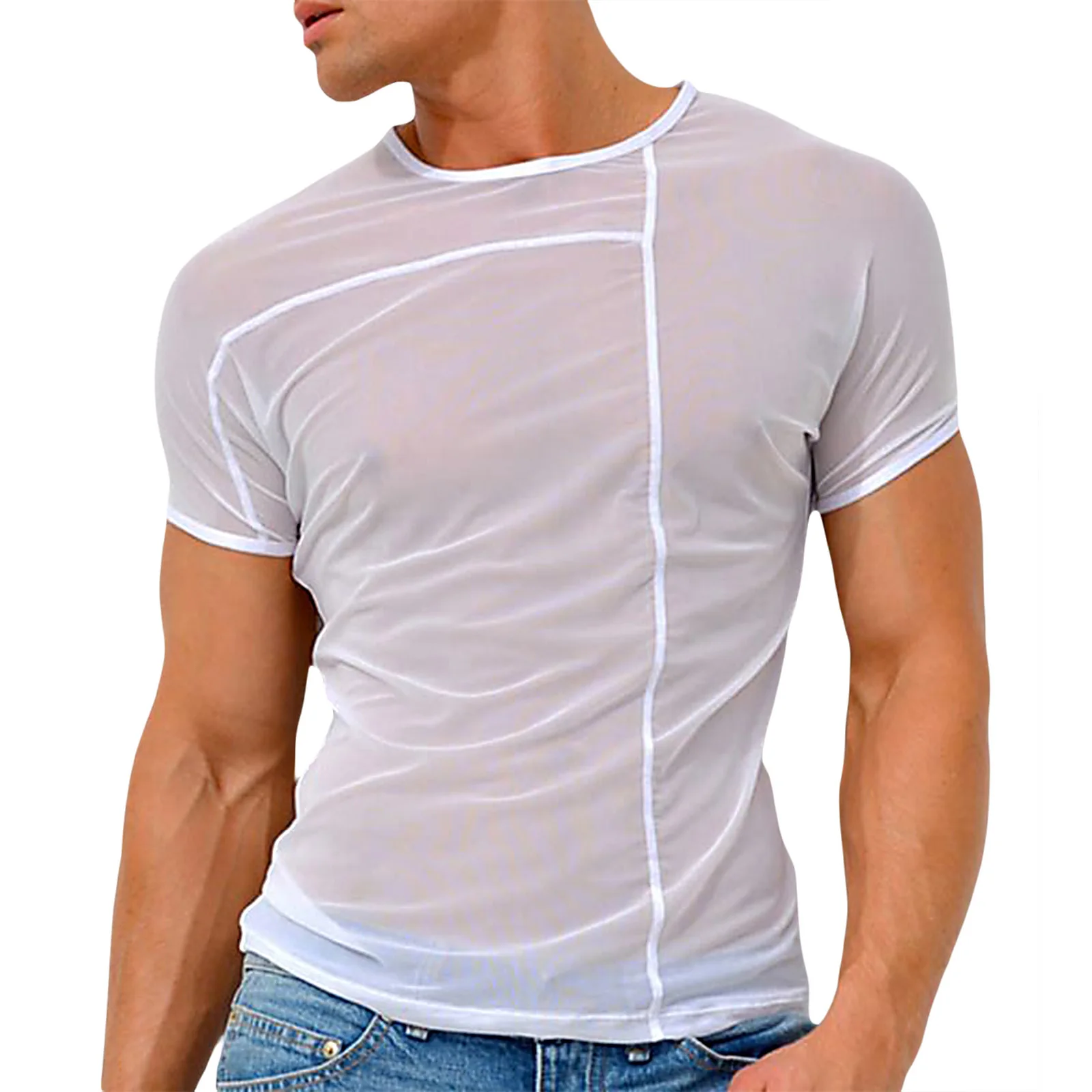 Newest Arrival Men Summer Mesh Tops Cover-Ups Solid Color Round Neck Short Sleeve Pullover See-Through Blouse for Summer white bikini cover up