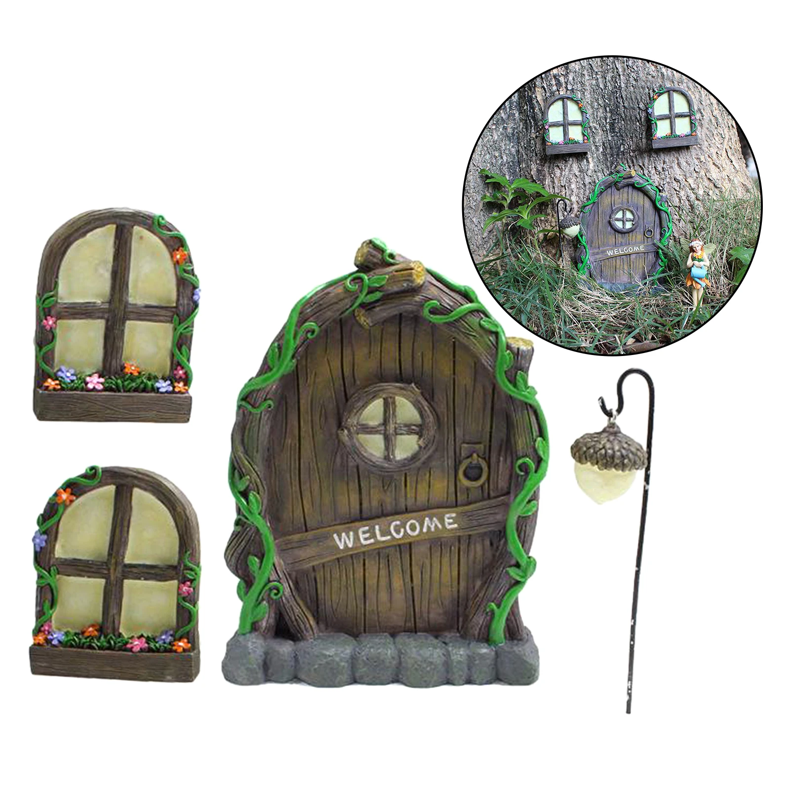 Miniature Fairy Elf Home Door and Windows, Cute Tree Decor Art Decorations, Window Can Glow in the Dark