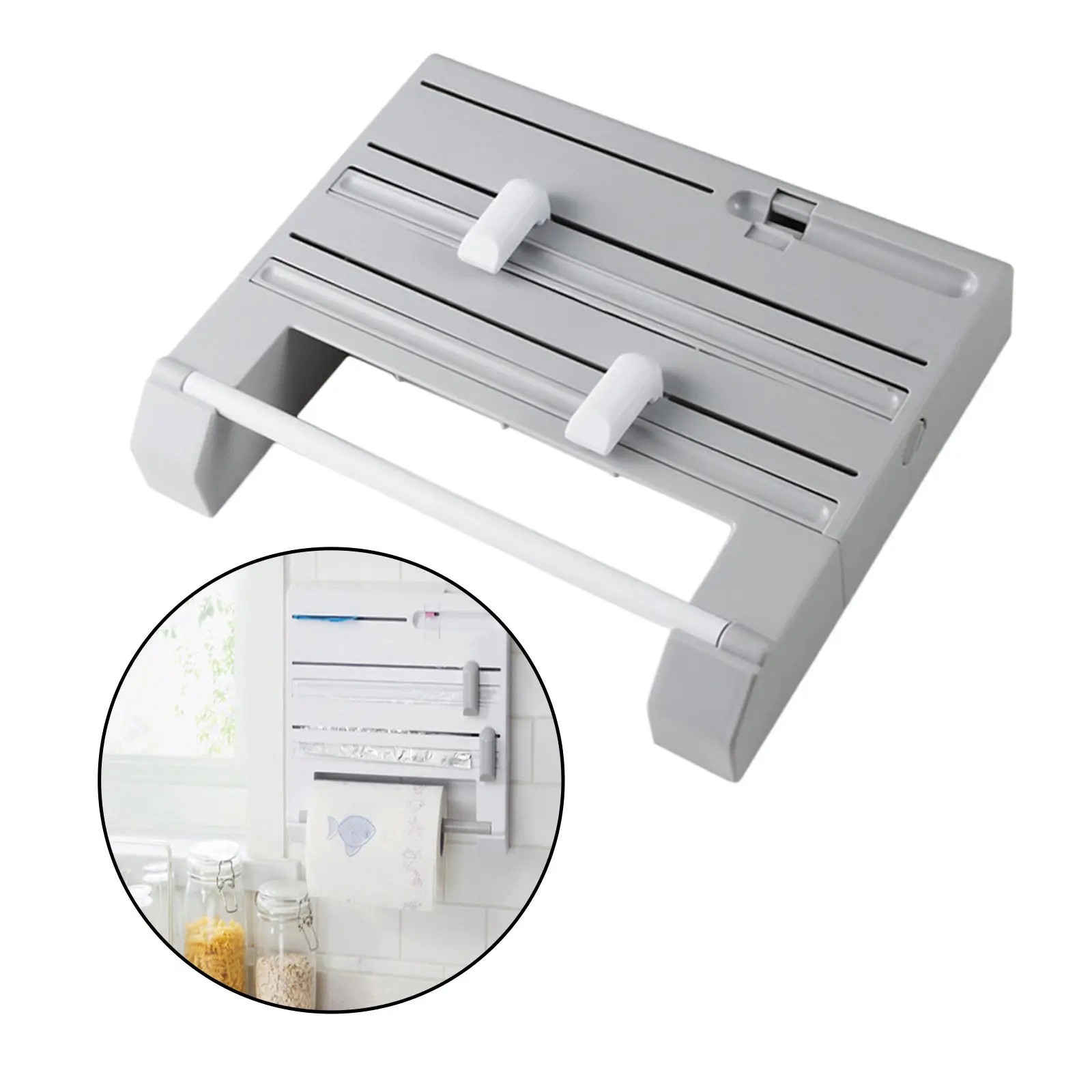 6 in 1 Kitchen Towel Paper Holder Aluminum Film Cutter Plastic Wrap Dispenser Cutting Foil Cling Wrap Shelf Wall Mounted Rack