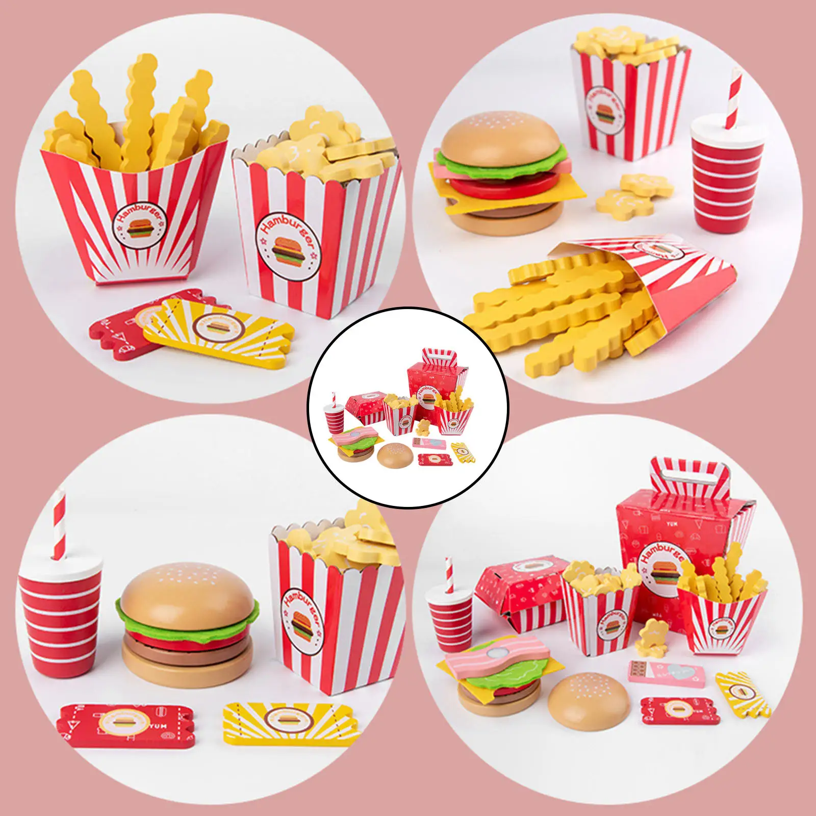 Wooden Pretend Play Play Food Toy Set Fast Food Hamburger Kids Toddlers