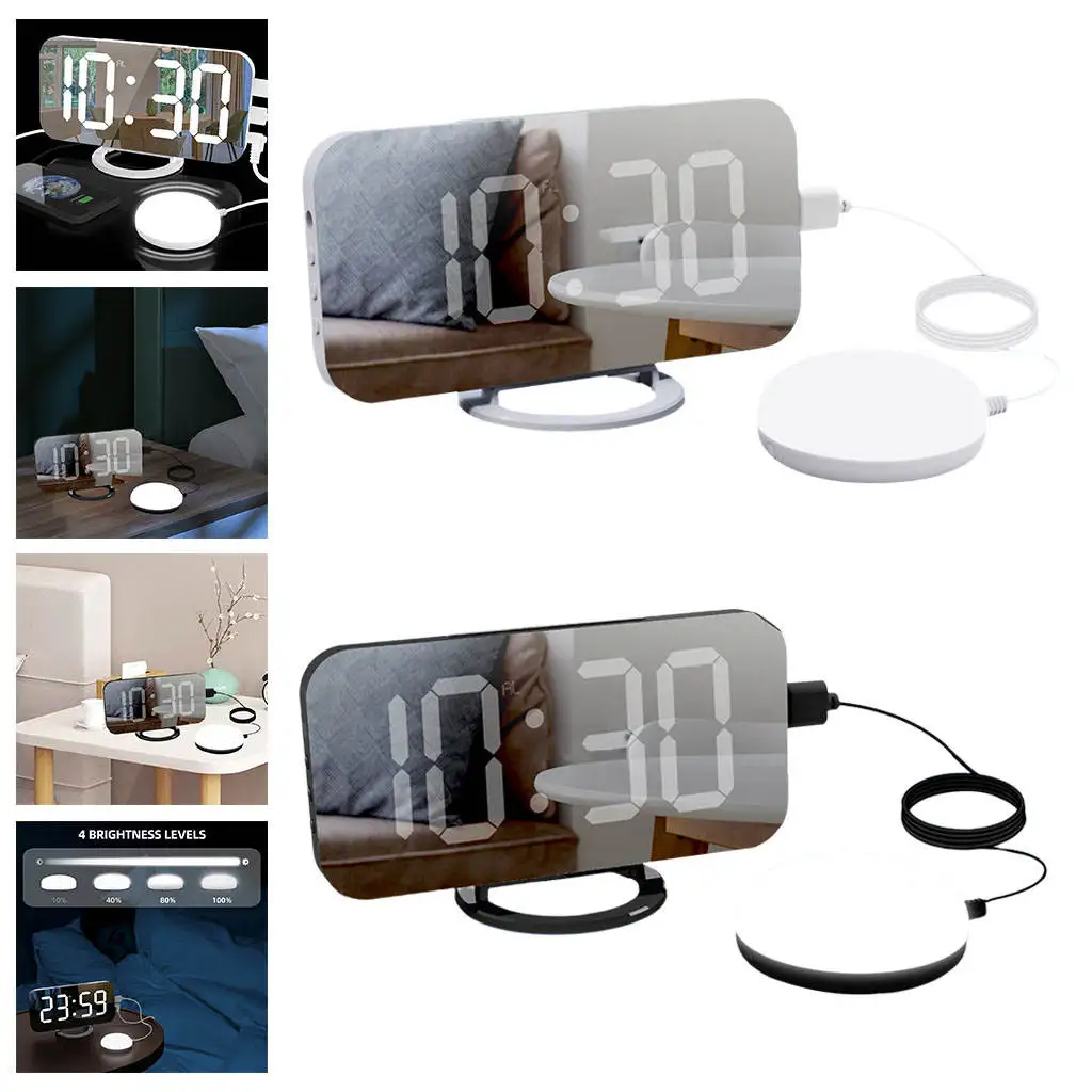 Loud Mirror Alarm Clock USB Cellphone Charger Vibrating Clock Dimmer Large Display with Bed Shaker 12/24 Hour for Bedside Travel