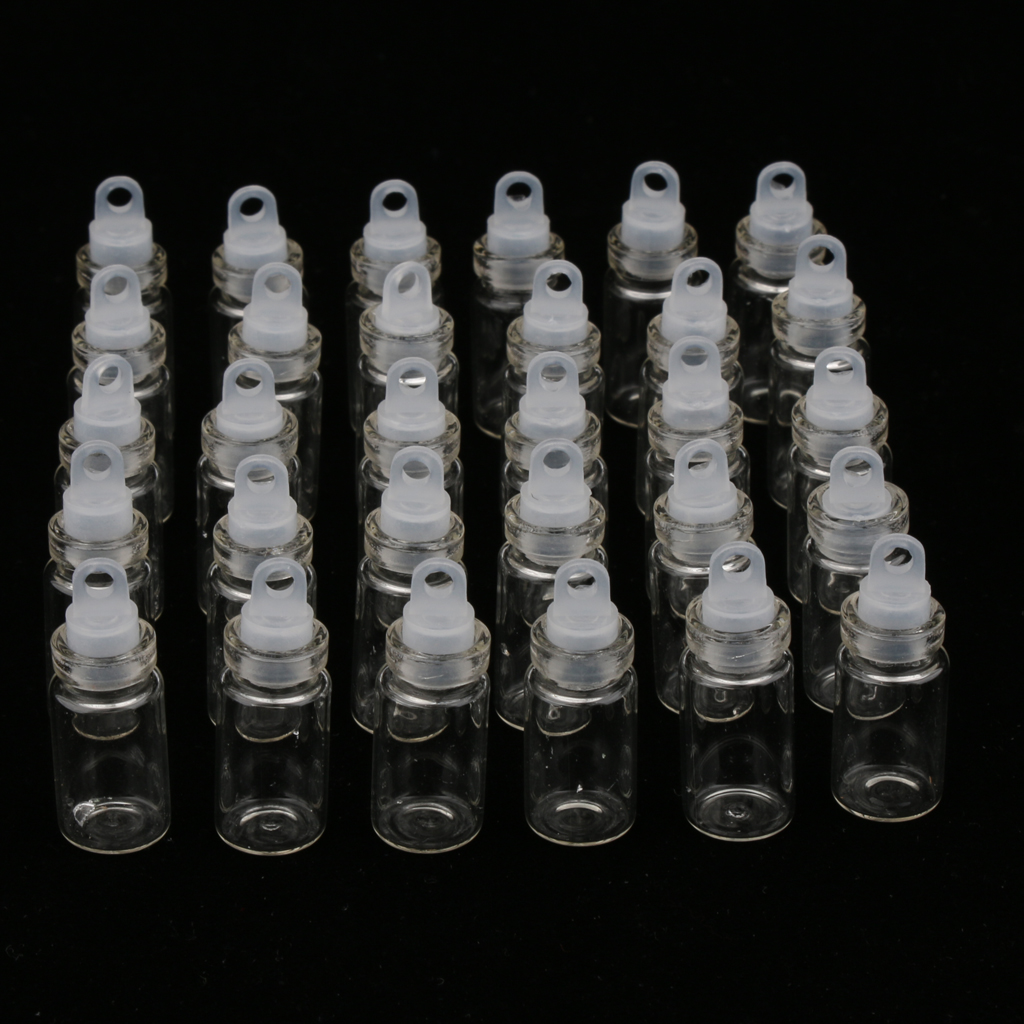 30Pcs Mini Empty Clear Glass Essential Oil Jars  Wishing Bottle Necklace Pendant DIY Vials with Plastic Stopper, 1ml / 2ml