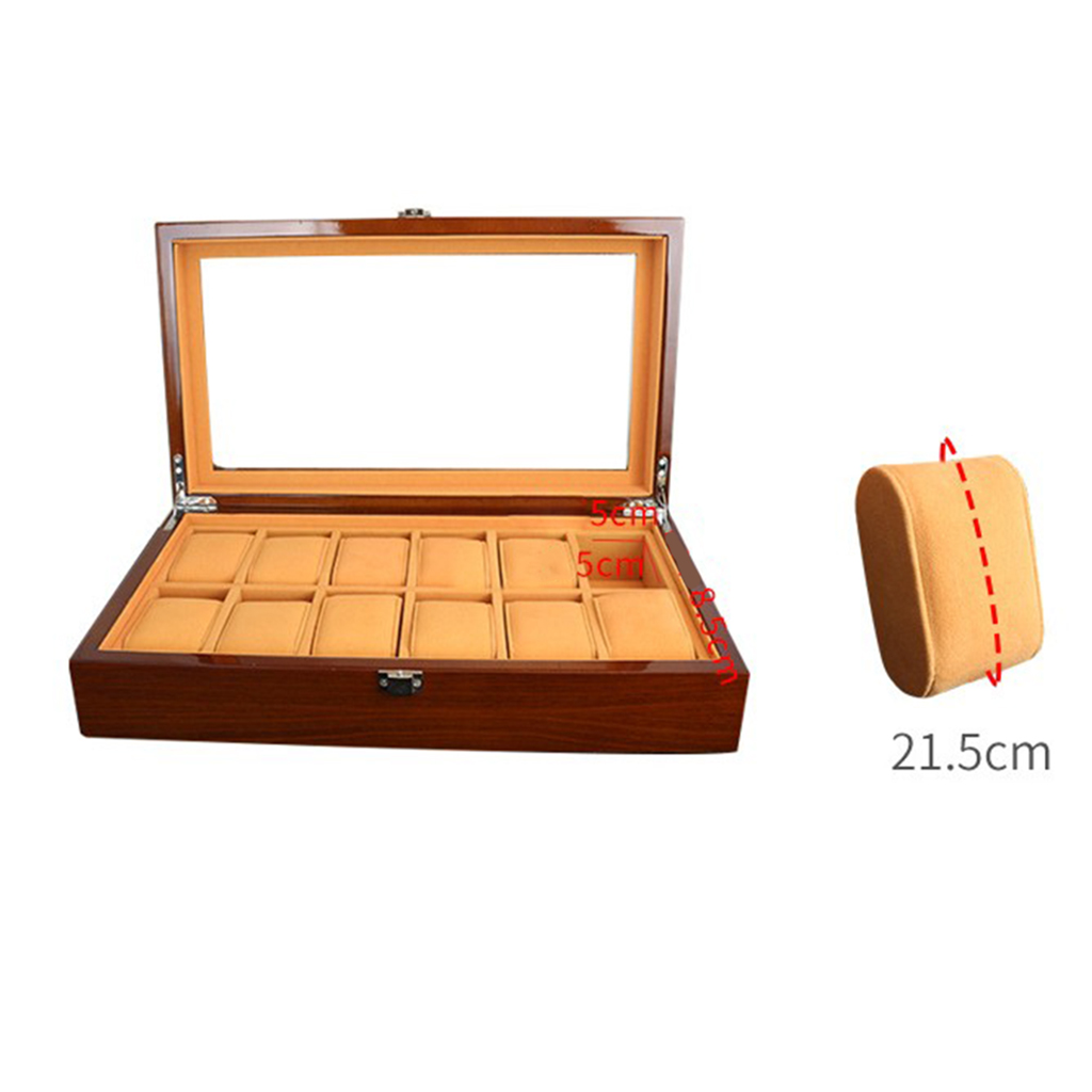 12 Slots Wooden Clock Display Case Glass Case Lock Storage Organizer