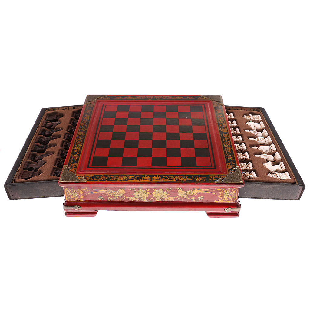 Wooden International Chess Set - Antique Finish Style Board with Terracotta Figures, 10 x 10 x 2.5 inch Chessboard
