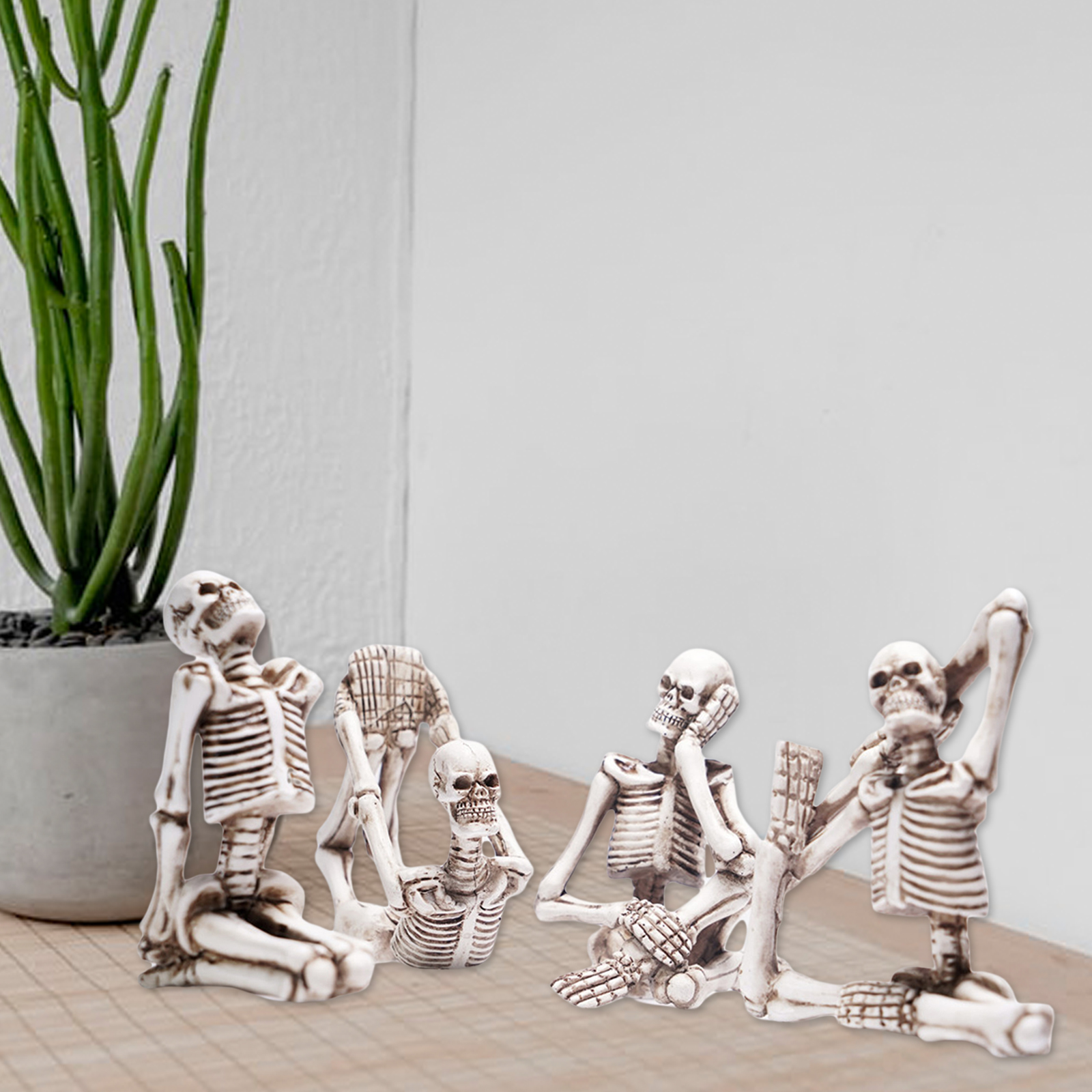 Lot of 4 Skull Yoga Pose Statue Figurine Resin Yoga Skeleton Figure Set Decor (White Set)