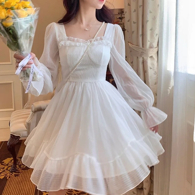Jielur French Sweet Fairy Lolita Dress Women Long Sleeve Lace Y2K Mini Dress Vintage Kawaii Clothes One Piece Dress 2022 Autumn
