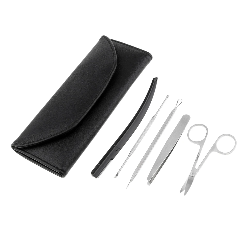5 In 1 Eyebrow Scissor Tweezer Shaver Trimming Kit Ance Needle Extractor Ear Spoon Stainless Steel Tools Grooming Set