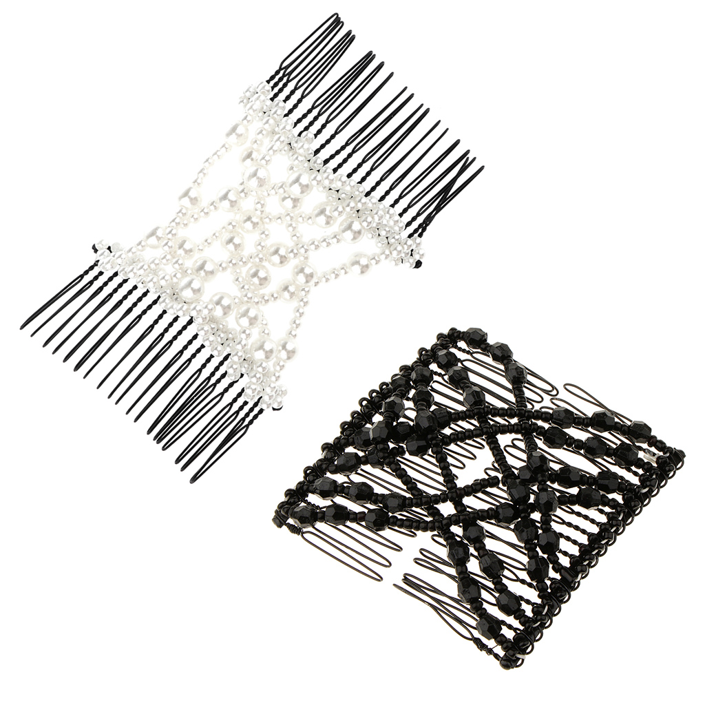2Pcs Double Slide Hair Comb Magic Bead Stretchy Hair Combs Clips Black+White Headwear Accessories