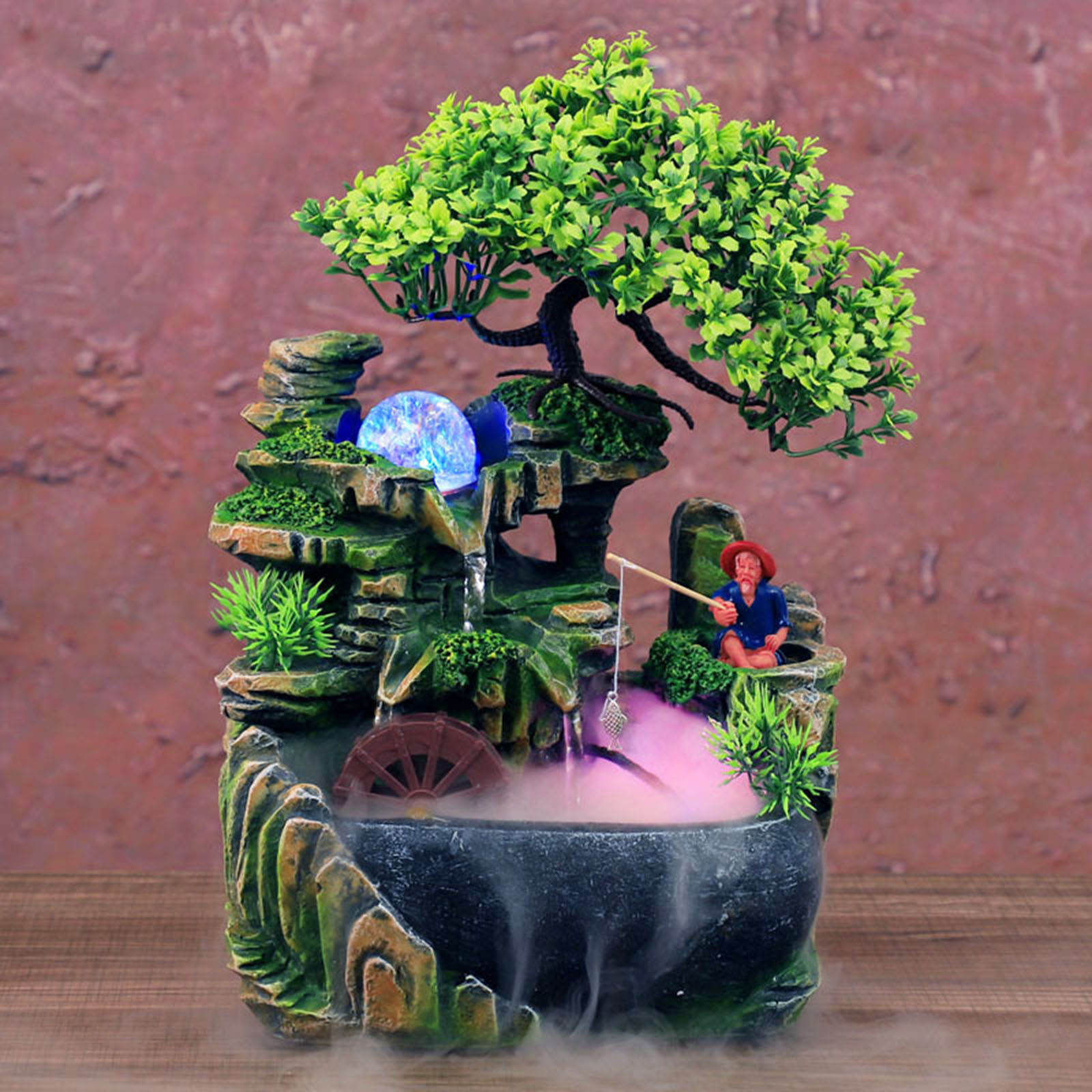 Indoor Tabletop Waterfall Fountain with Pump Rockery Fisherman Bonsai Statue Flowing Water Fountains Home Ornament