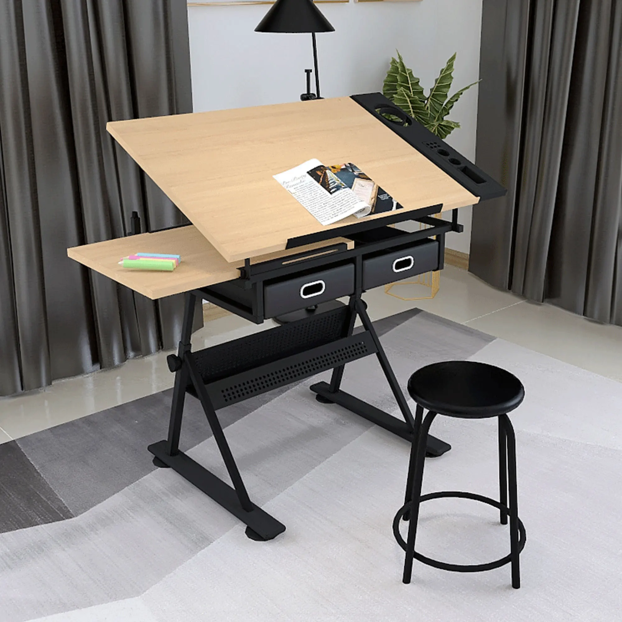 Height Adjustable Drafting Black Desk With Drawers | Tiltable Tabletop ...