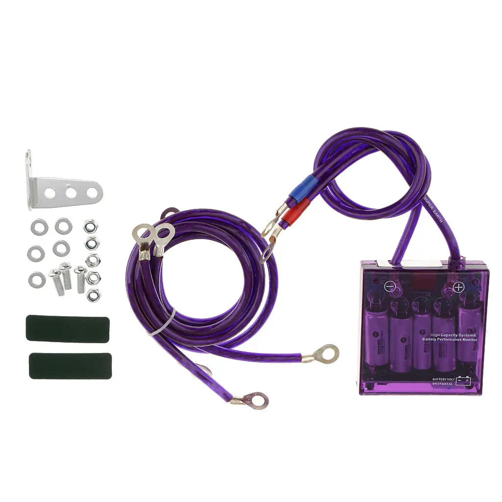 Universal Car Fuel Saver Voltage Stabilizer Regulator with Grounding Earth Cables Kit Purple