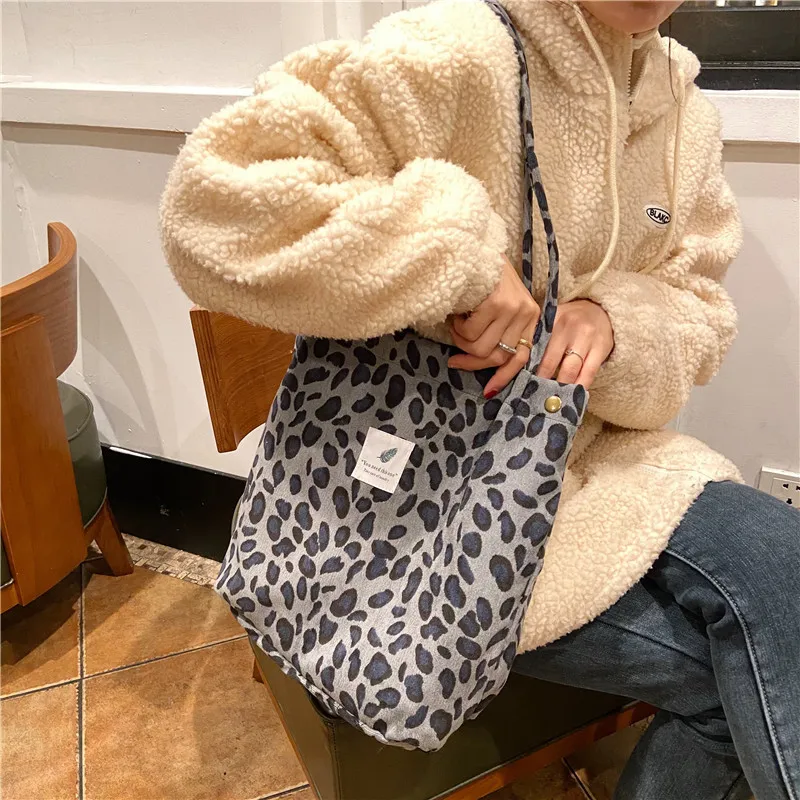 Retro Corduroy Women's Shoulder Bag Large Capacity Student Girls Casual Tote Book Handbags Flower Leopard Female Shopping Bags