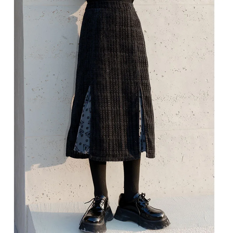 denim skirt American skirt women's Plaid stitching A-line skirt is thin, autumn and winter high waist fashion, versatile black skirt nike tennis skirt