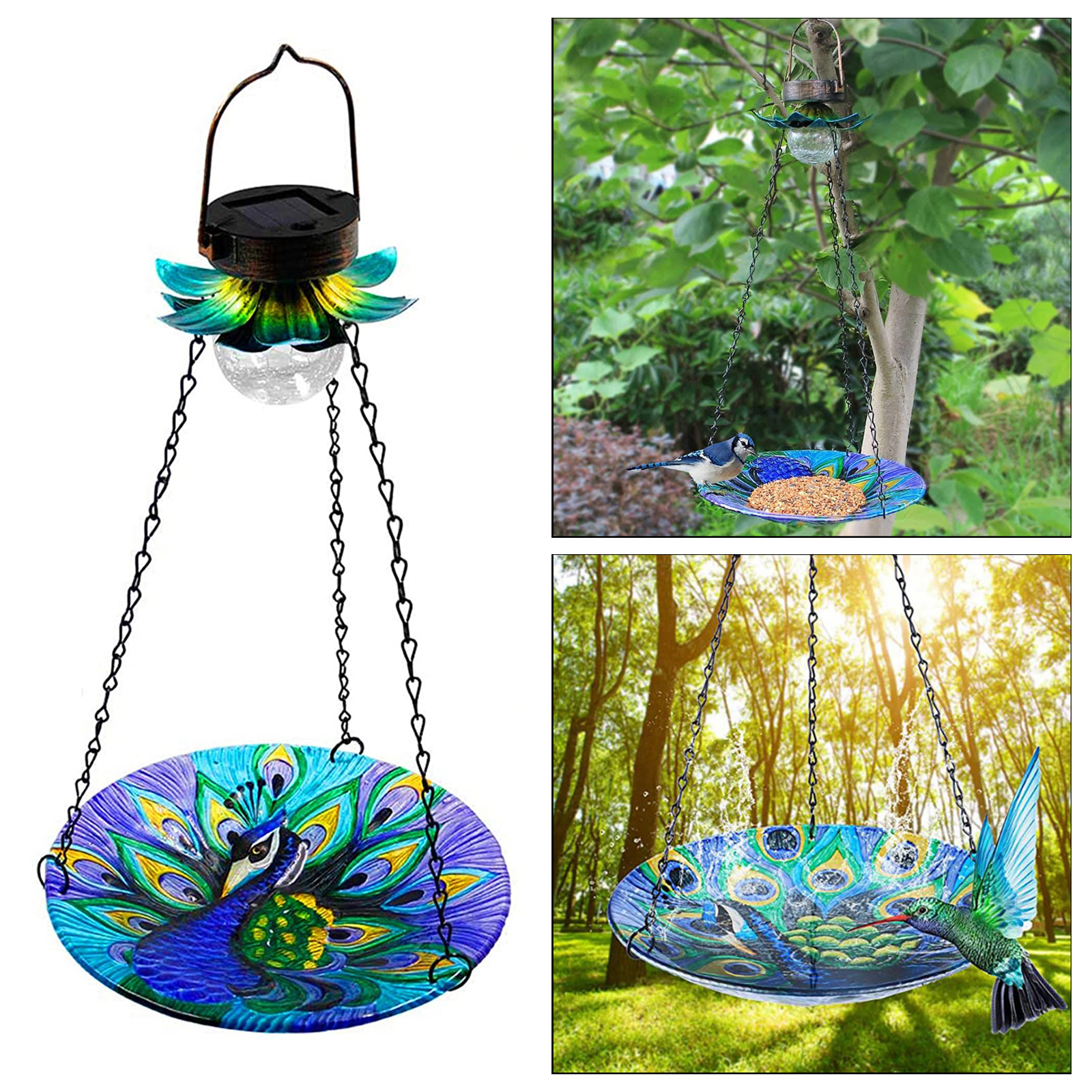 Bird Feeder Solar Stained Glass Landscape Decor Peacock Pattern Bird Bath