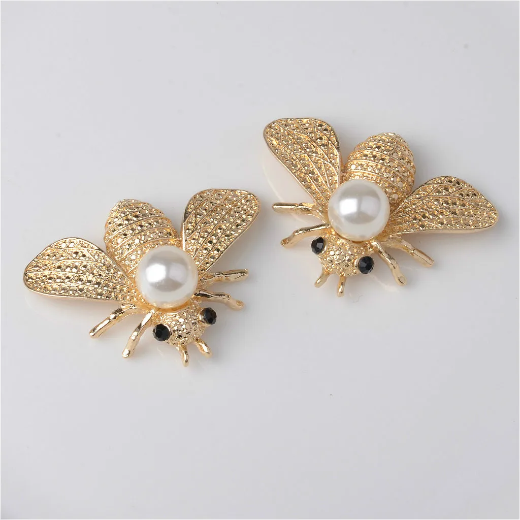 5 Pieces Bee Shape Alloy Crystal Pearl Craft Buttons Jewelry Making