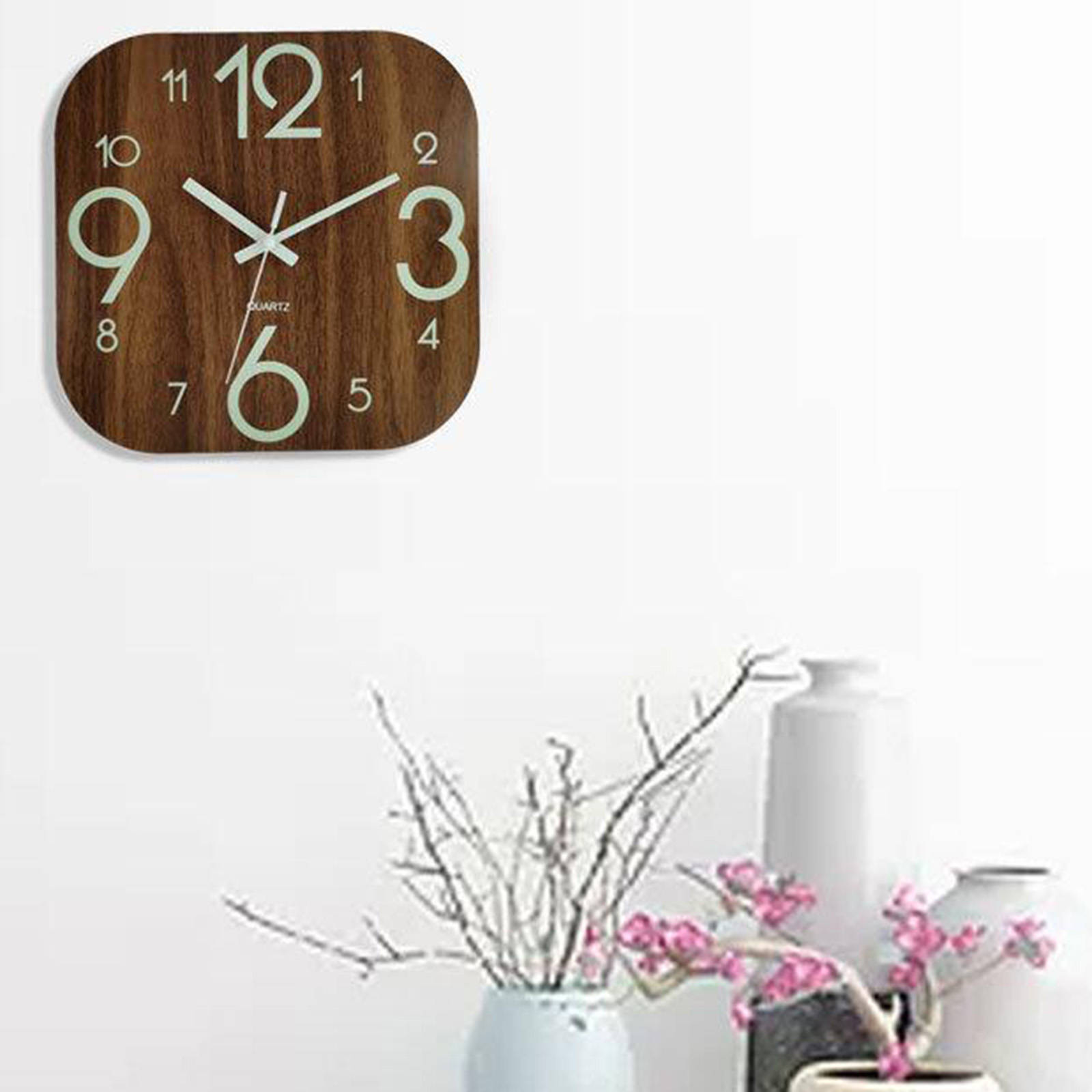 Modern Wall Clock 30cm Wood Decorative Night Light Non-Ticking Battery Operated Glow in Dark Luminous for Classroom Living Room