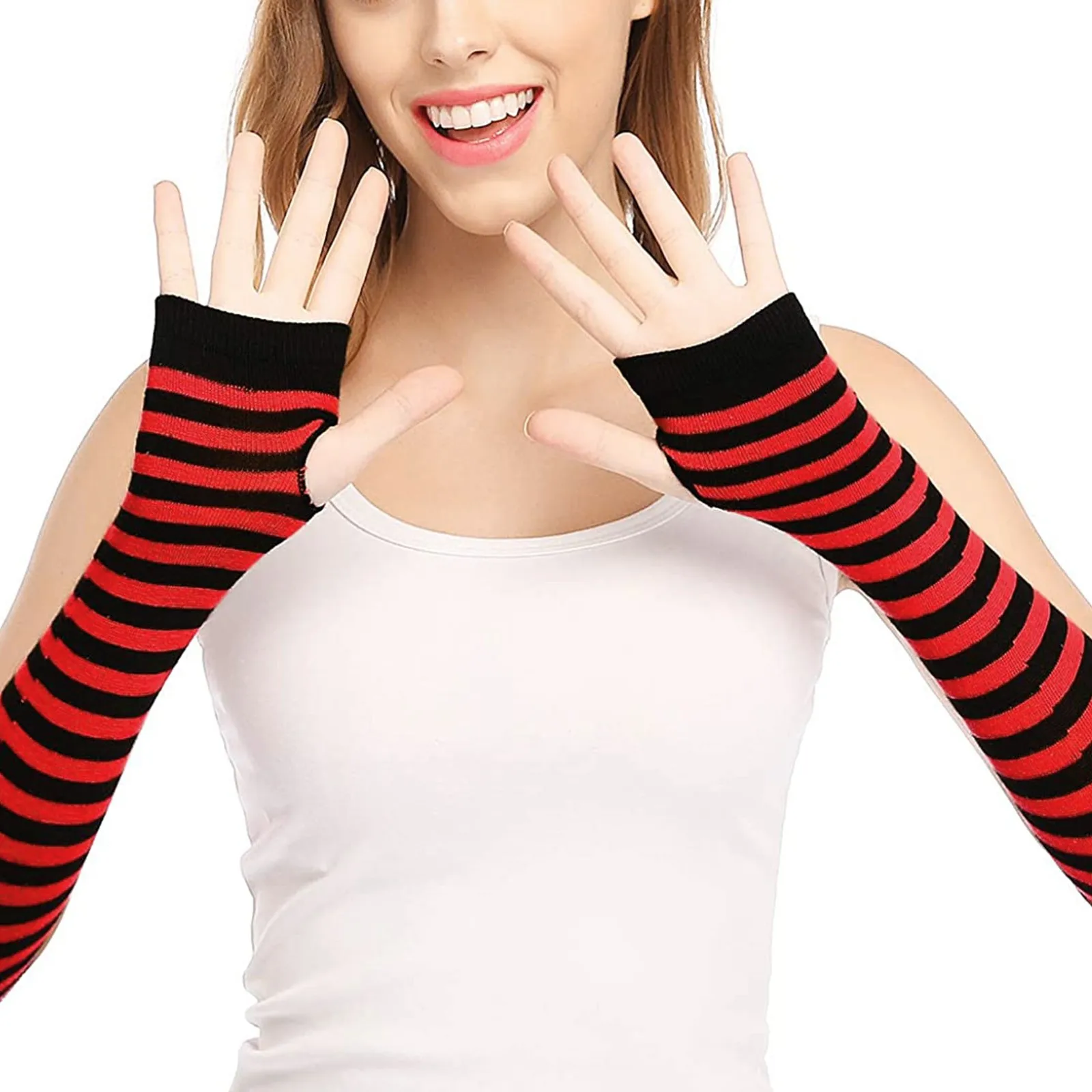 YiZYiF Womens Long Fingerless Gloves Knitted Arm Warmers Punk Rock Striped Elbow Gloves Thumb Hole Stretchy Gloves Mittens 