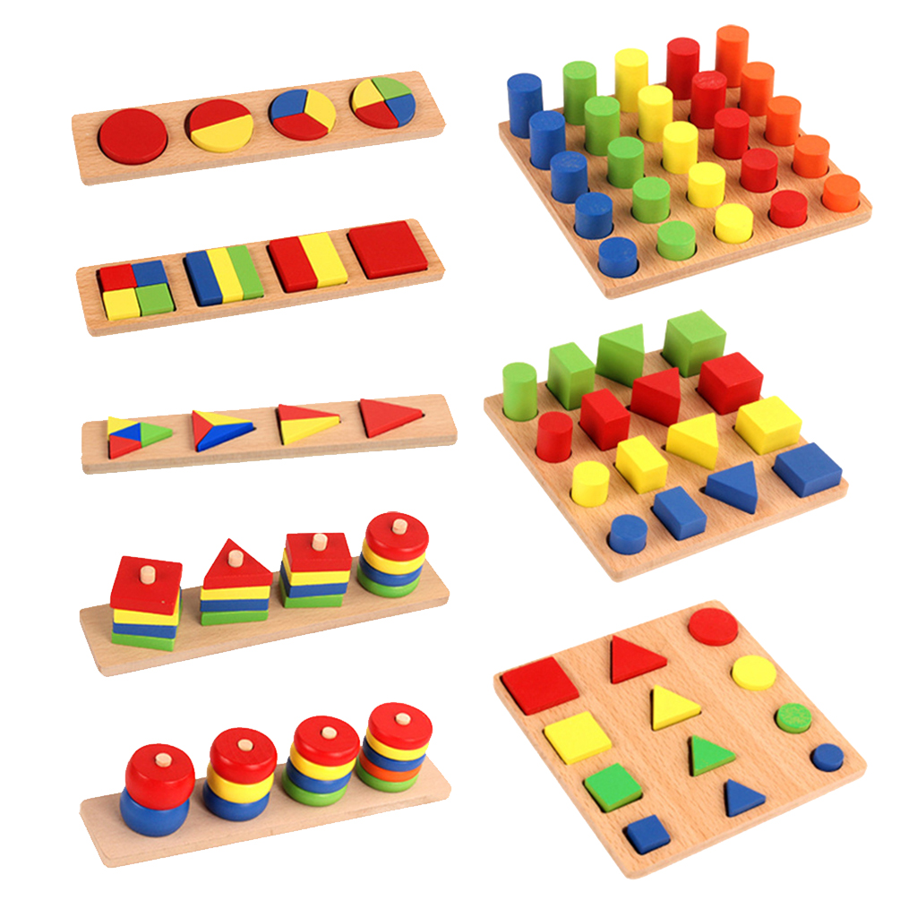 Wooden Toys Montessori Color Math Shapes Geometric Puzzles,Pack of 8 Sets -Baby