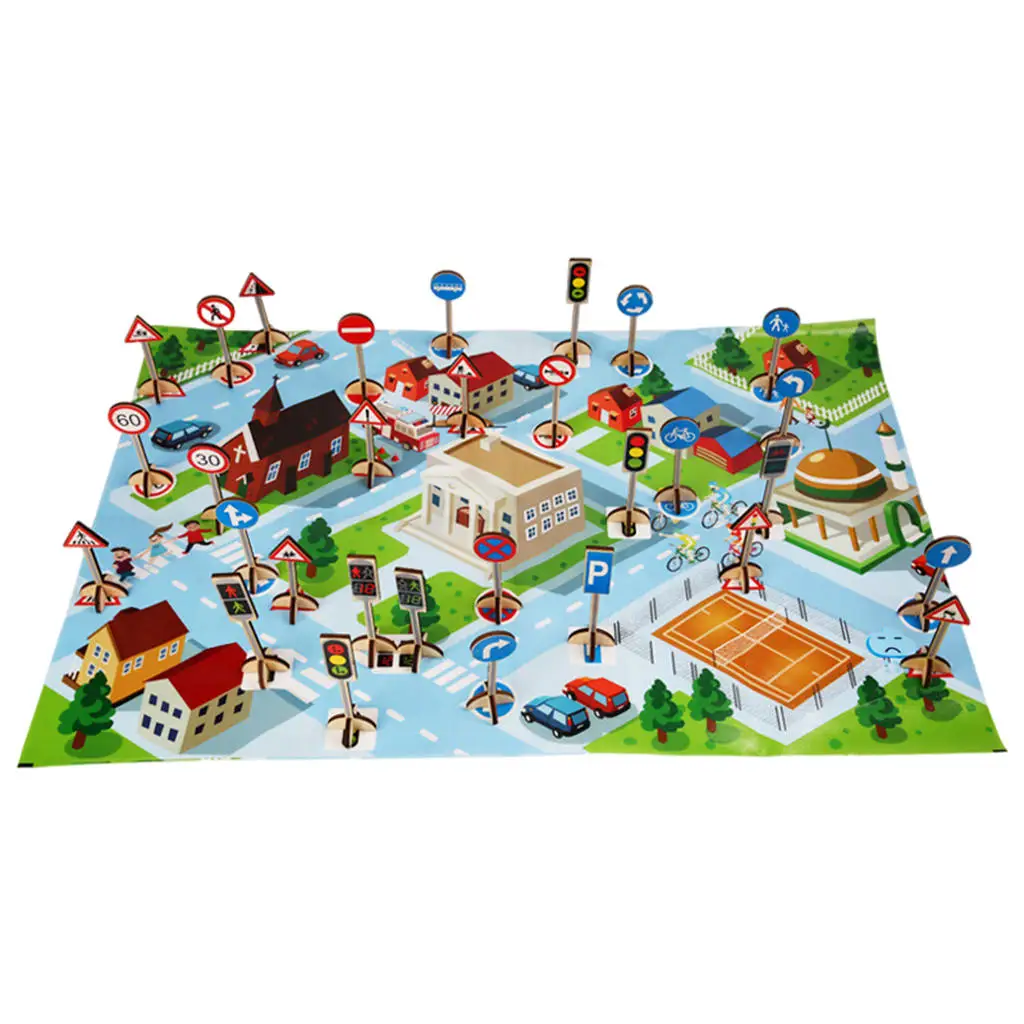 Wooden Street Signs Playset Traffic Knowledge Learning Landmark Model for Children