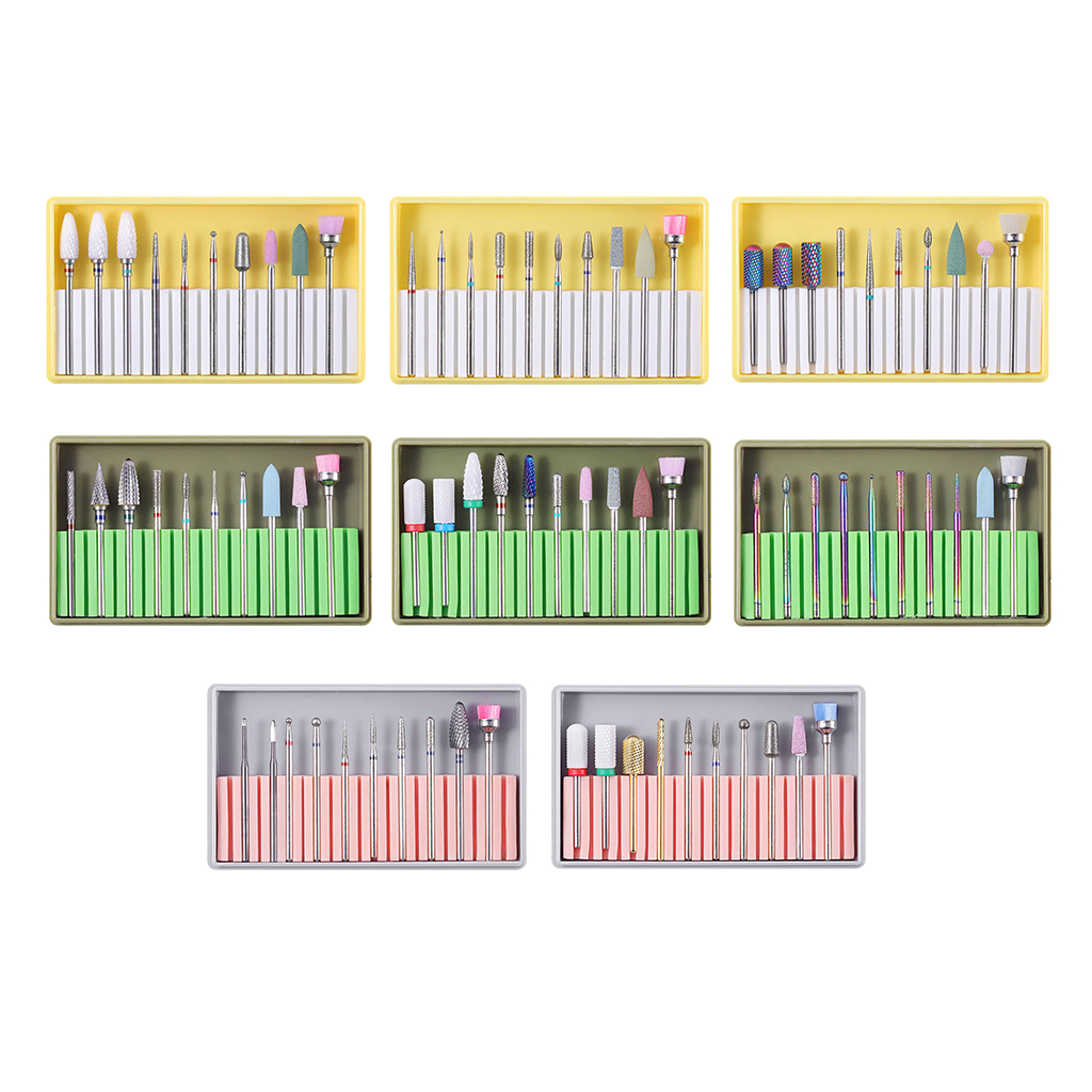 10x Nail Drill Bits with Cleaning Brush Set Manicure Tips Grinding Nail Bits Kit
