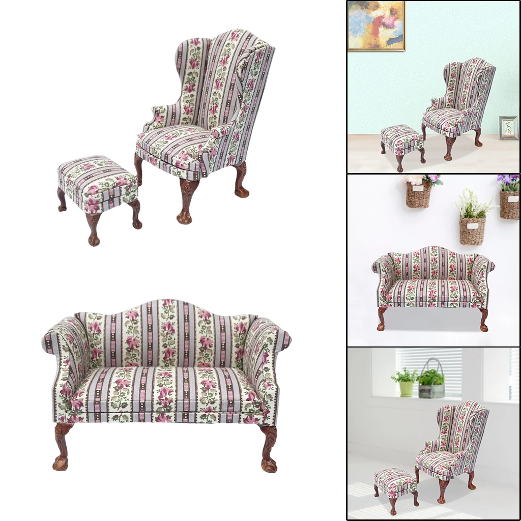1:12 Doll House Mini Upholstered Floral Printed Sofa Furniture Set Living Room Life Scene Decoration Toys Pretend Play DIY