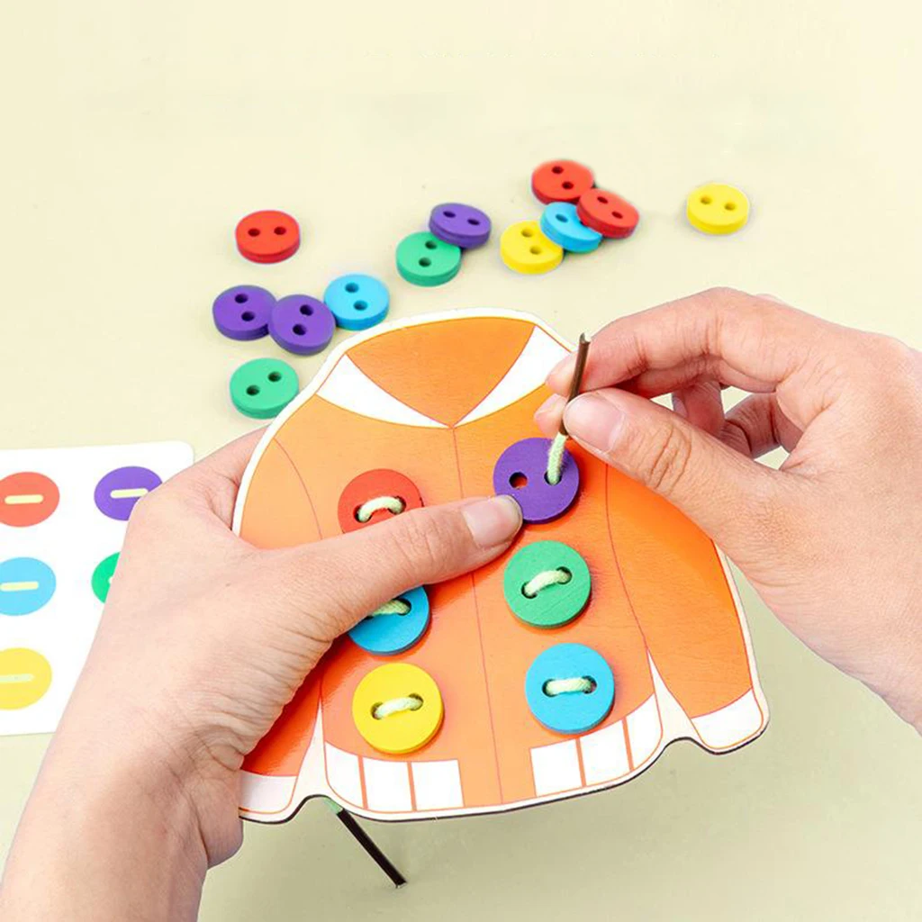 Montessori Wooden Lacing Toys Toddler Threading Game Sew on Button Preschool