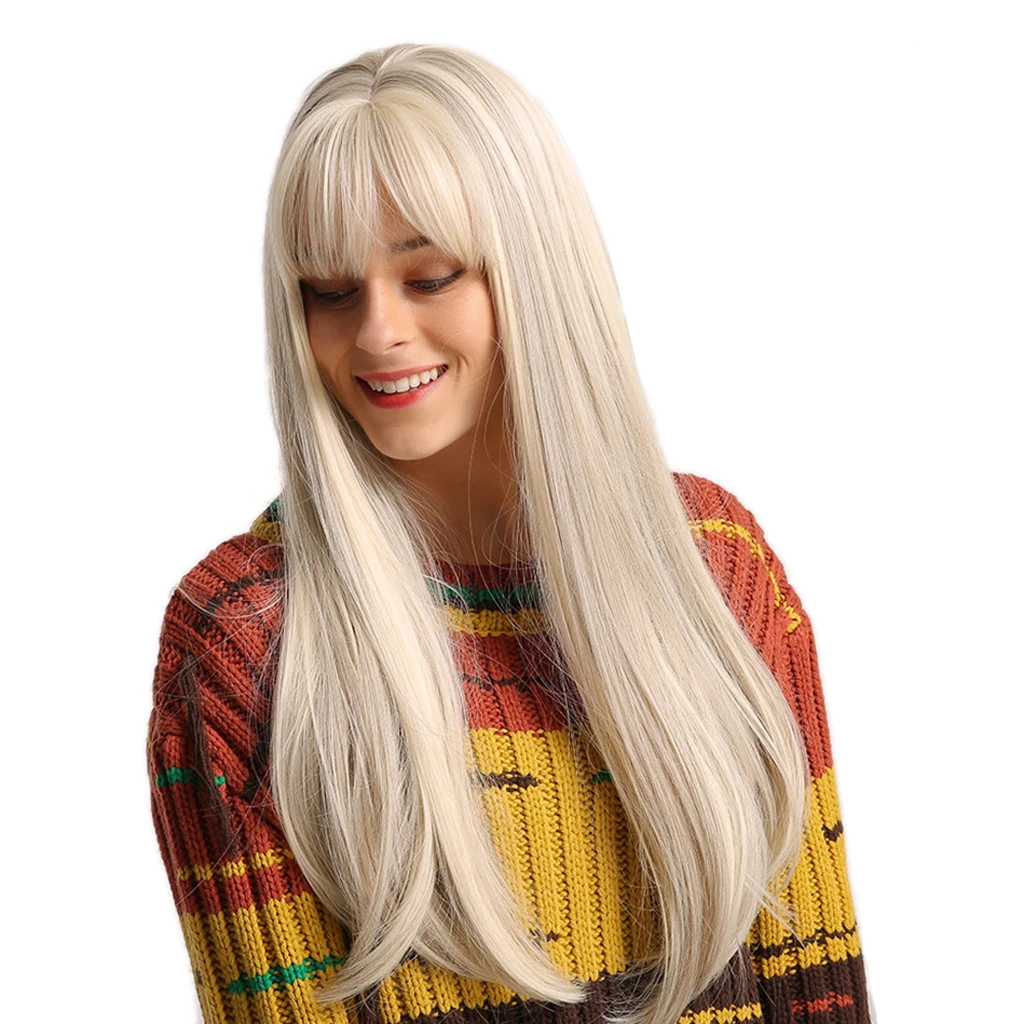 Fashion Women Light Golden Long Straight Hair Wig with Hairnet Daily Wear