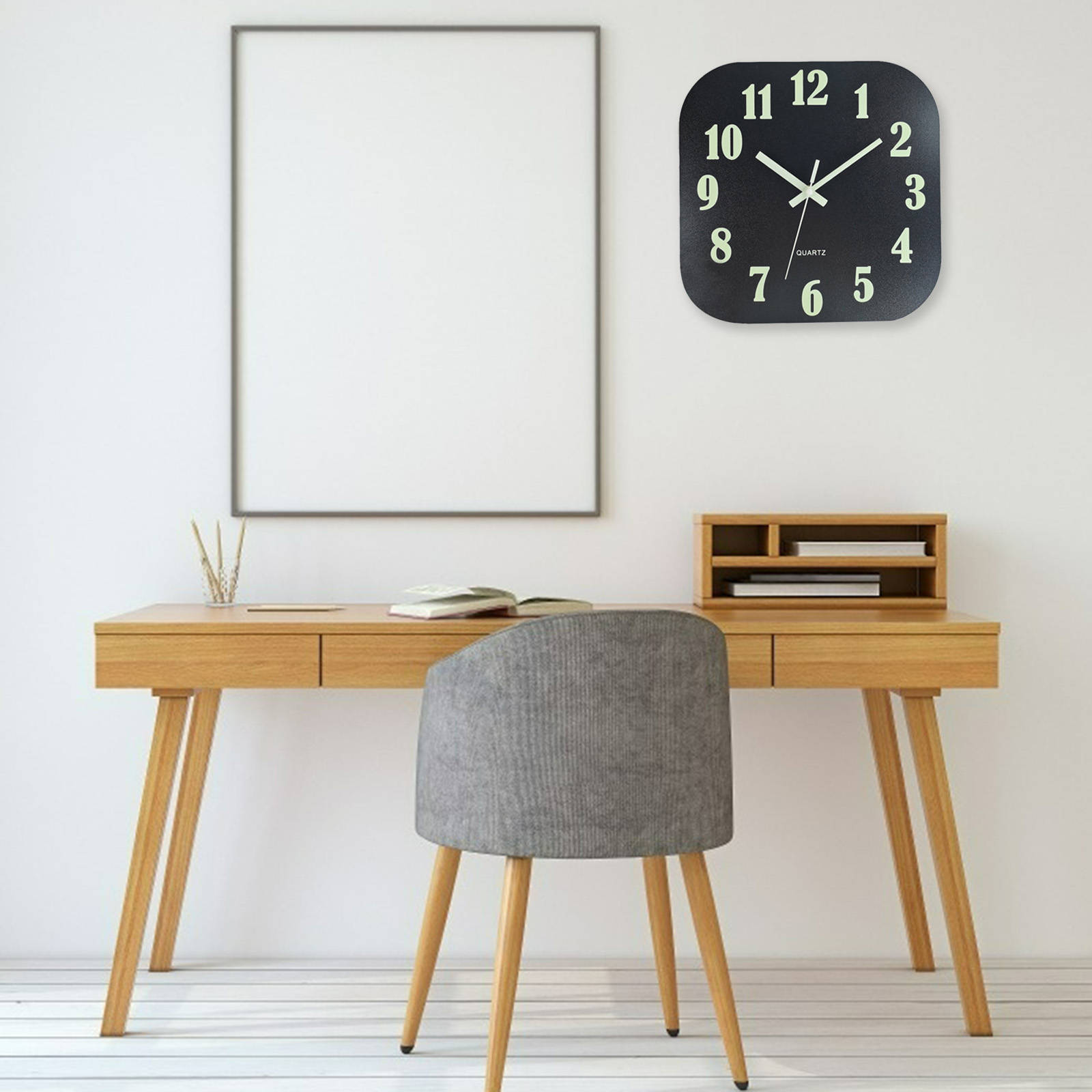 Modern Wall Clock 30cm Wood Decorative Night Light Non-Ticking Battery Operated Glow in Dark Luminous for Classroom Living Room